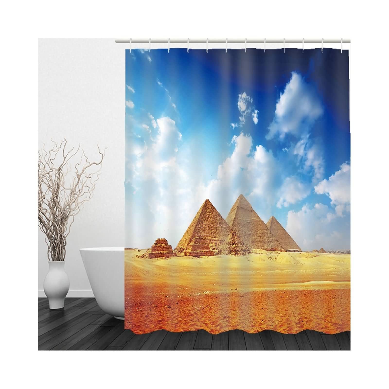 Cortinas de baño de color naranja, cortina de ducha para hombre y mujer, 60 x 80 pulgadas, pirámide del desierto azul, poliéster, moderna tina decorativa