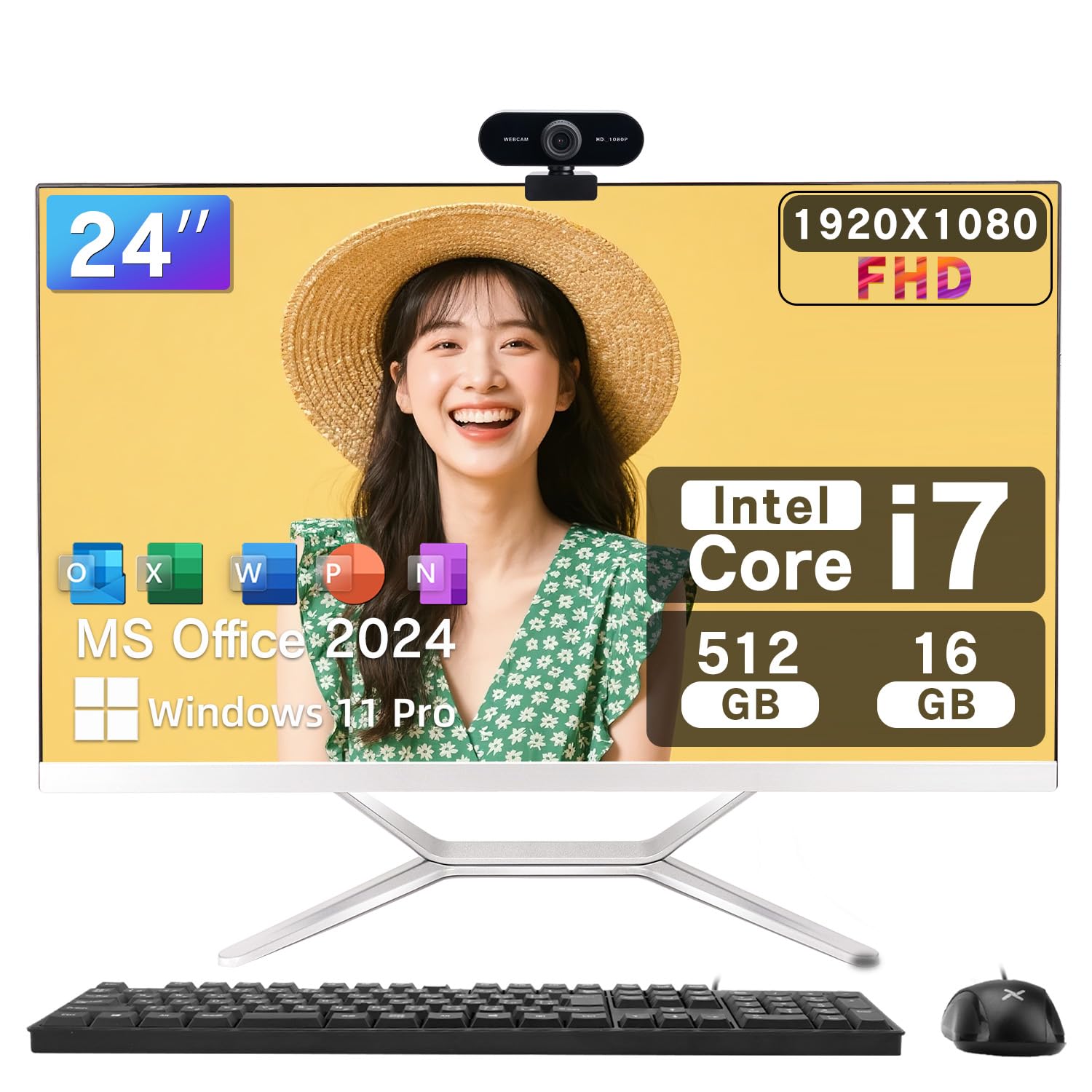 VETESA デスクトップパソコン Core i7 24インチIPS 高性能・多機能一体型PC 1920*1080 FHD Windows 11 Pro MS Office 2024付き USB3.0/USB2.0/RJ45 LAN ポート/WIFI5.0搭載 WEBカメラ/キーボードとマウス付属 16GB 512GB SSD