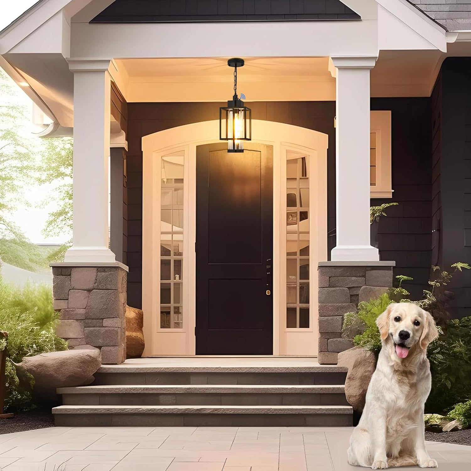 Outdoor Pendant Light, 16" Dusk to Dawn Exterior Chandelier Porch Hanging Light with Clear Glass, Modern Black Outdoor Hanging Lantern for Porchs Gazebo, OS-KY1006 Black 6.5" W-Clear Glass