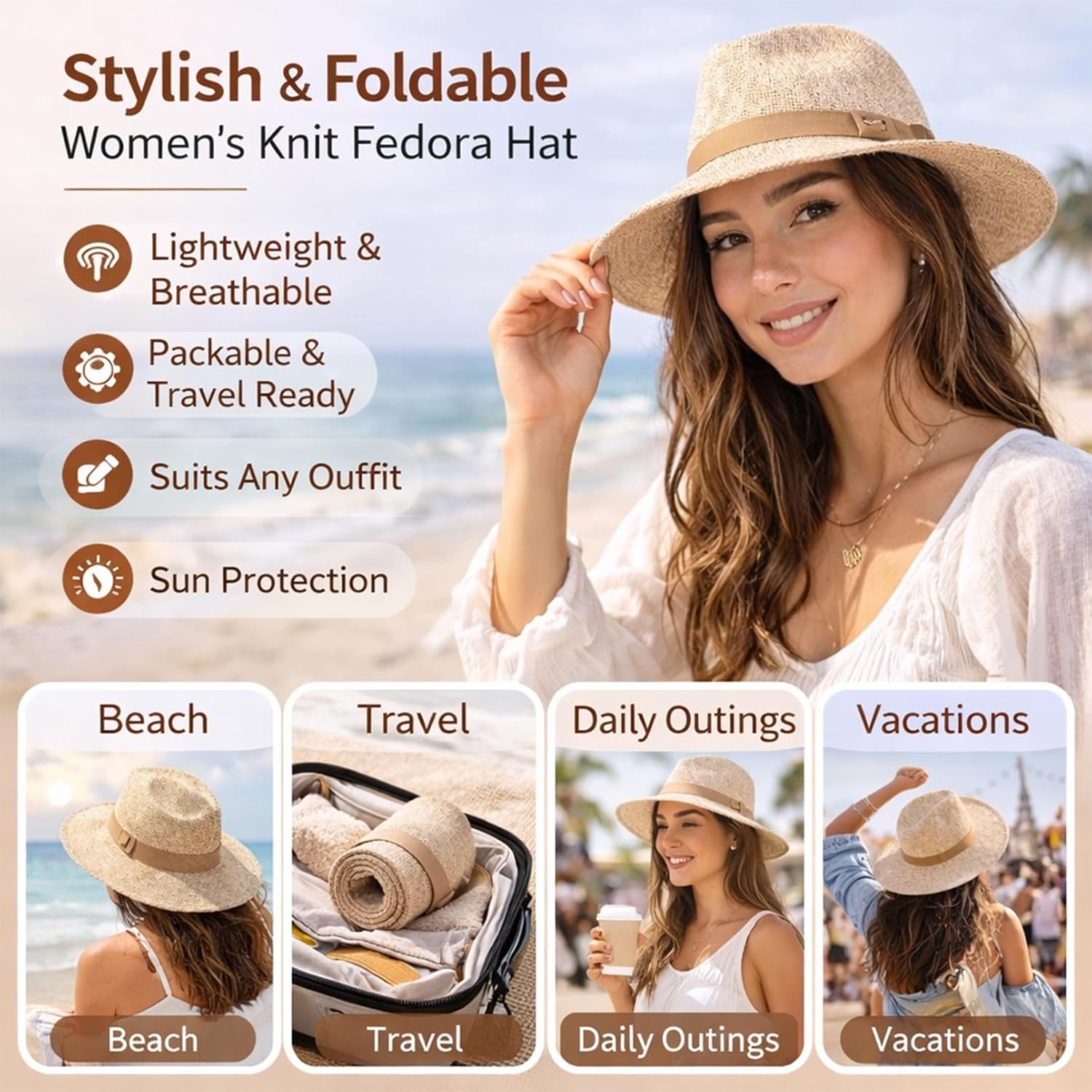 Packable Fedora Hat for Women, Packable Sun Hat for Beach & Travel, Breathable Fedora Hats Fit All Head Sizes