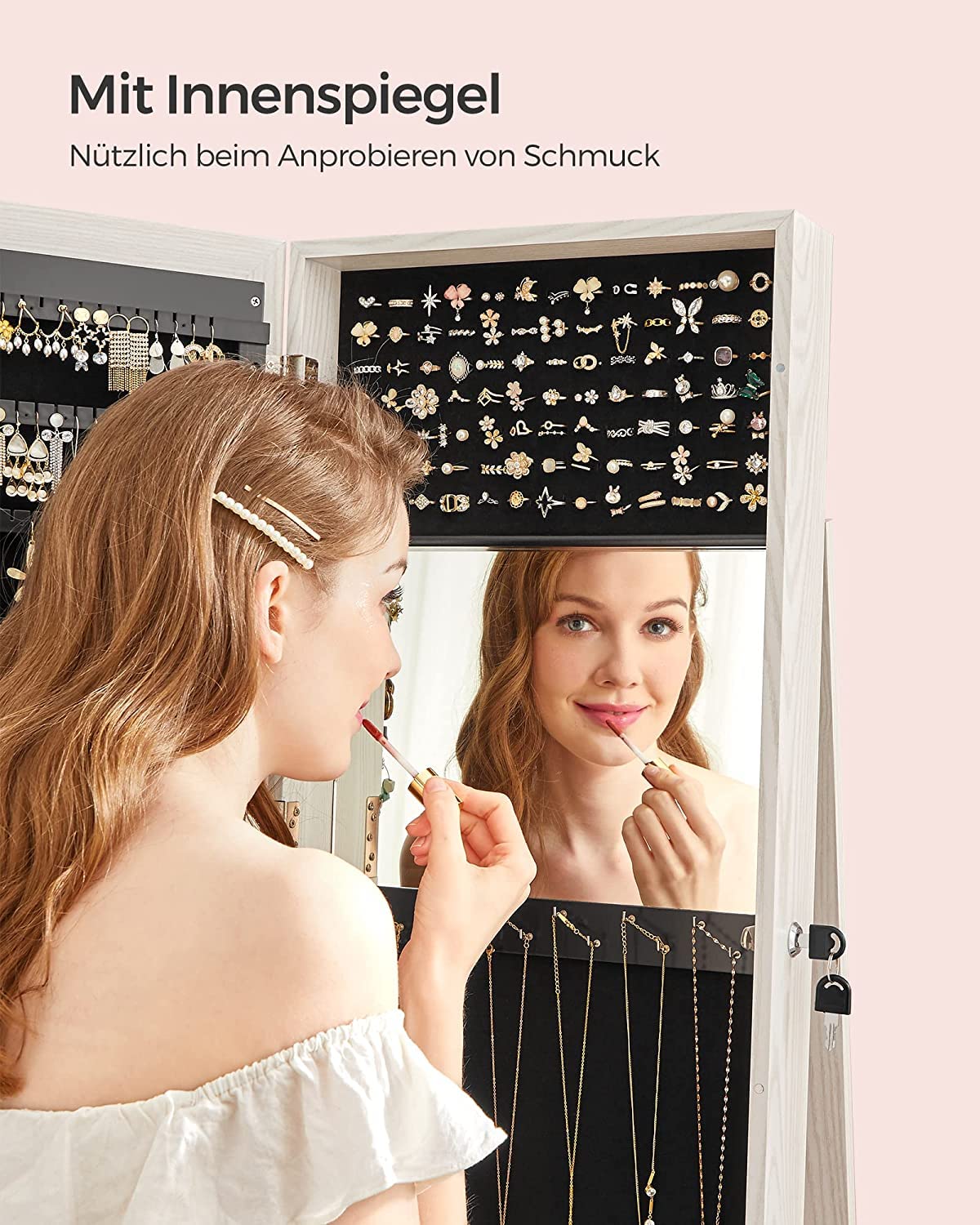SONGMICS Schmuckschrank, Standspiegel, Spiegelschrank, mit Ganzkörperspiegel, um 360° drehbar, Schmuckaufbewahrung, abschließbar, mit Schlüsseln, Geschenkidee, weiß mit Grauer Holzmaserung JBC62W