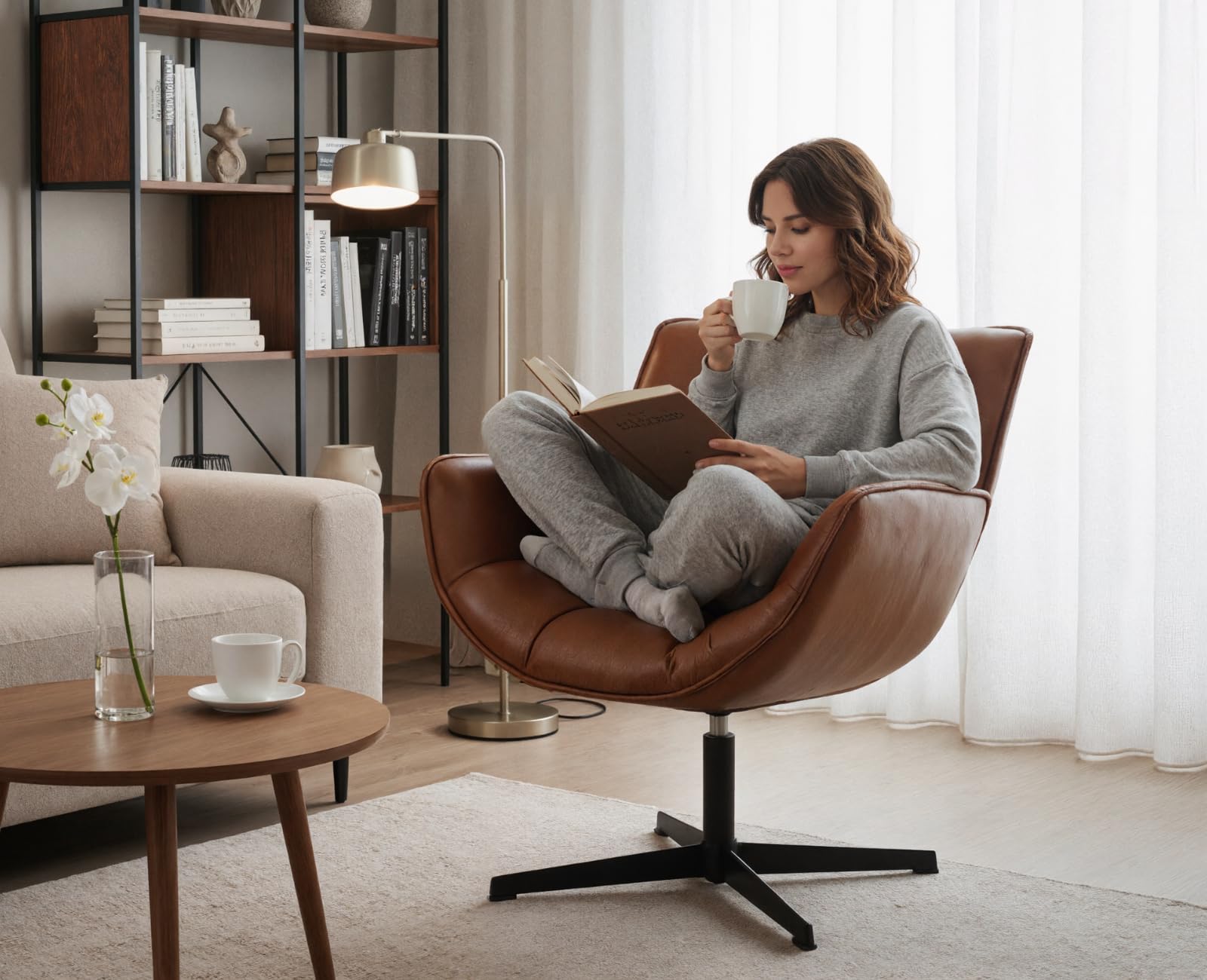 chairus Chaise Pivotante à 360° pour Chambre Chaises Coiffeuse Fauteuil Salon en Cuir PU Chaise de Bureau avec Pied Métal, Marron