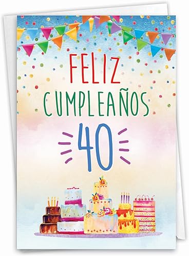 NobleWorks - 1 tarjeta de cumpleaños española con sobre - Tarjeta de celebración hispana latina para cumpleaños - Feliz Cumpleaños 40 C8834MBG-SL