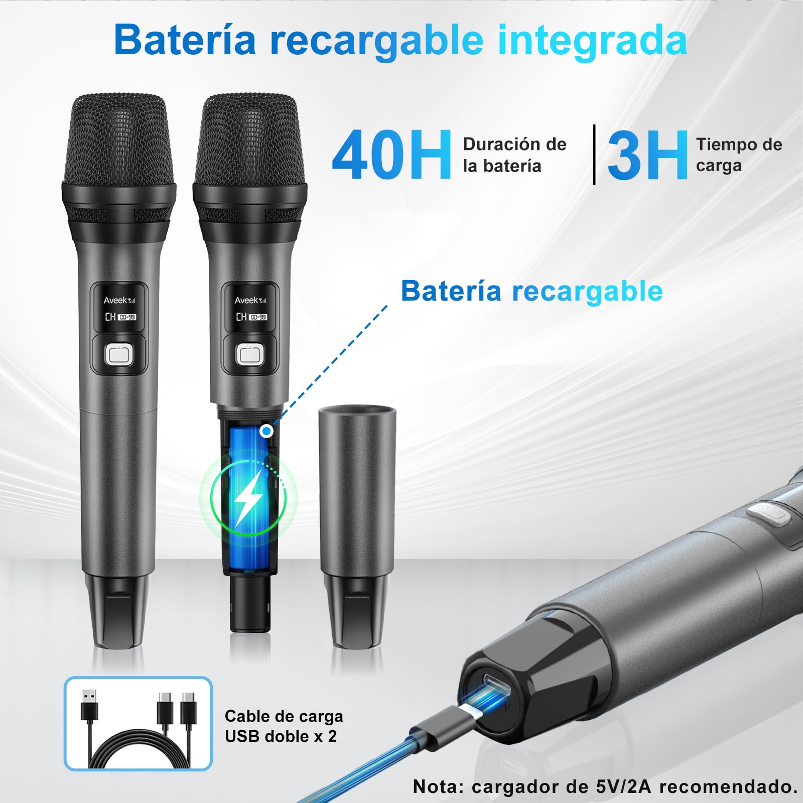Aveek Sistema de Micrófono Inalámbrico con 4 Micrófonos de Mano Dinámicos, Alcance 80m, Batería 40 Horas, Sonido Estudio Baja Latencia para Karaoke, Canto, Discurso, Iglesia, Escenario, Boda, DJ