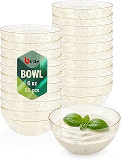 bUCLA 50 Pack Plastic Prep Bowl Sets, 6oz Gold Glitter Small Pinch Bowls | Small Bowls for Salt, Spices, Chopped Ingredients, Dipping Sauces, Ice Cream Toppings, Pudding