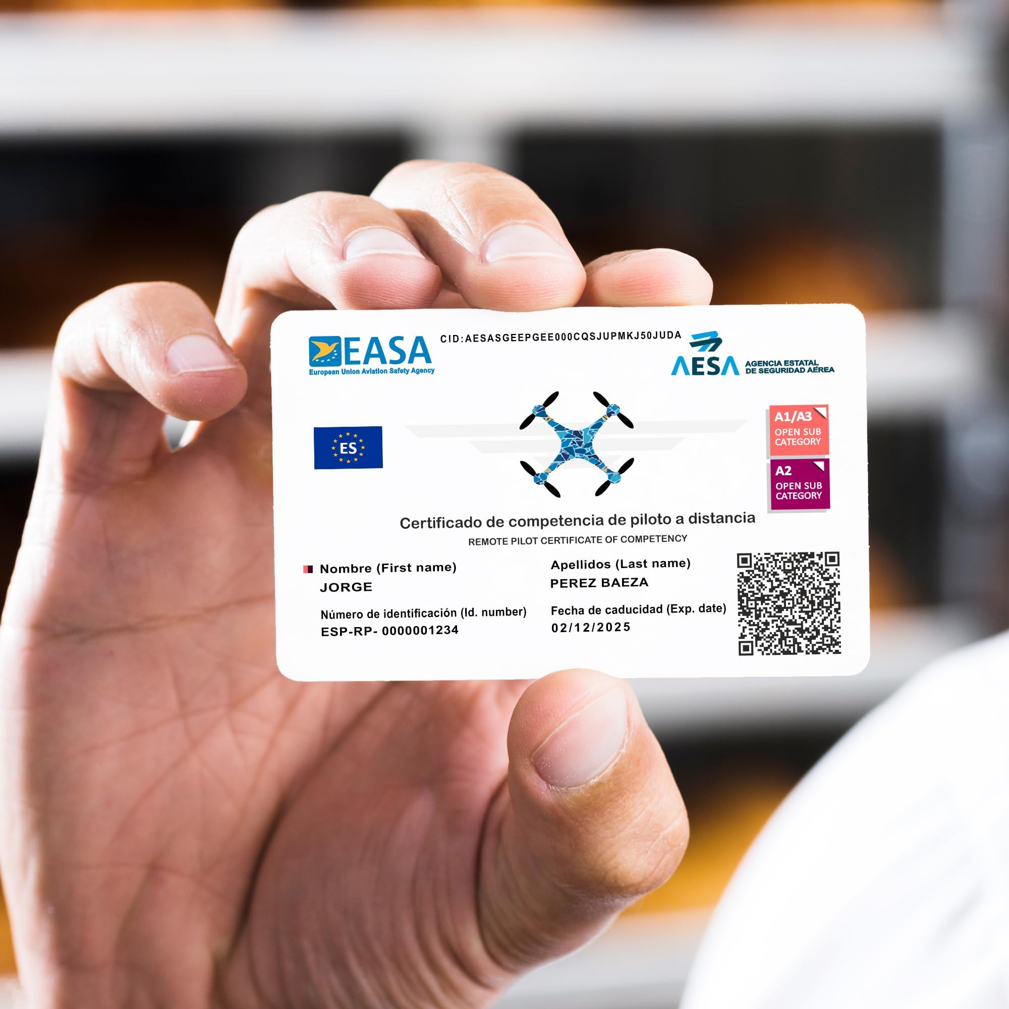 ● TARJETA DE PVC EASA ● Impresión Una cara ● Impresión Doble cara ● Número de Operador + Certificado de Piloto de drones | A1/A3 | A2 | STS (1 Tarjeta | Impresión a Doble Cara)