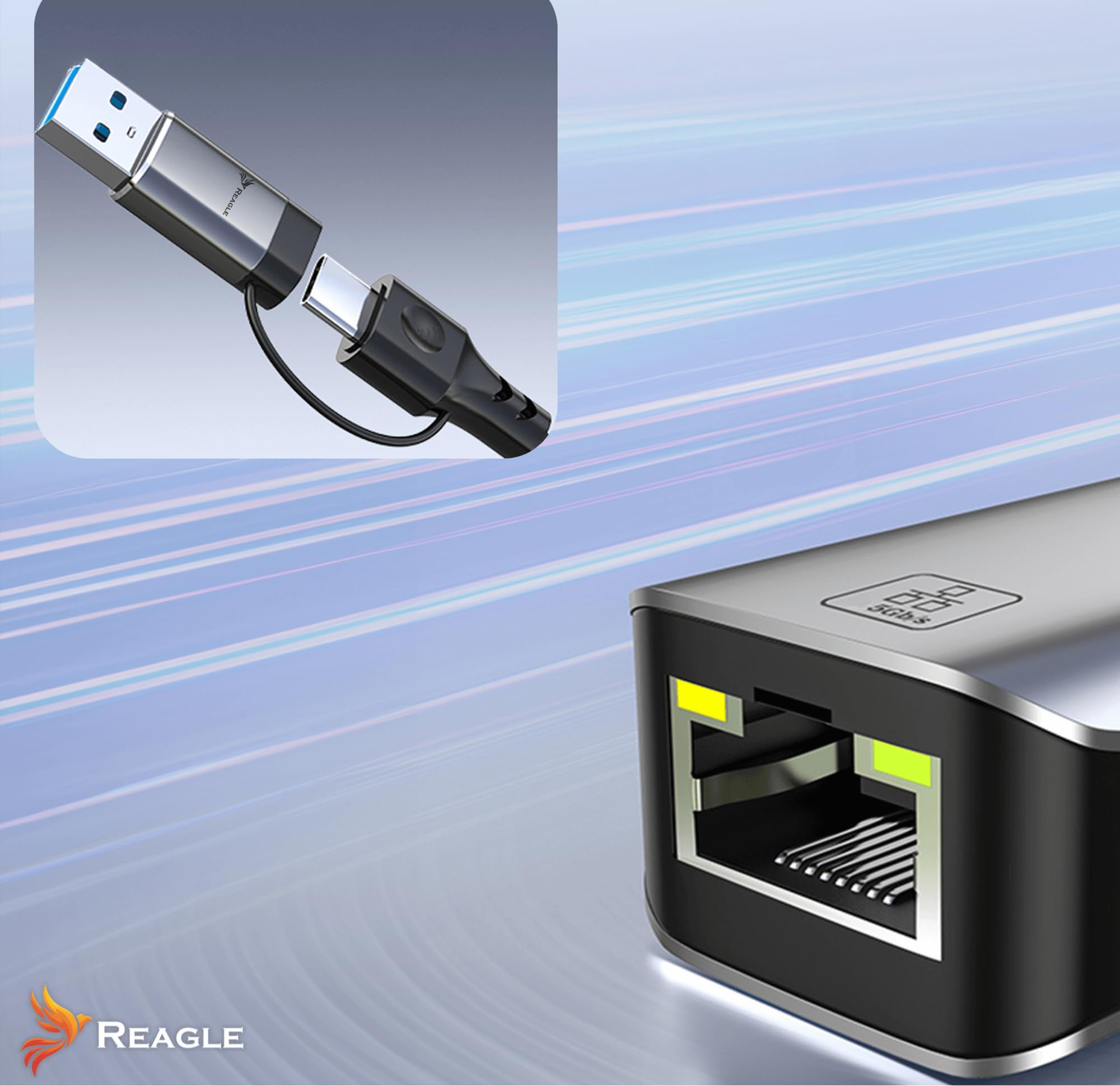 Reagle Adaptateur USB-A USB-C 3.2 vers RJ-45 Ethernet - 5000 Mbps, boîtier en aluminium, affichage LED, Plug & Play, compatible avec Windows & Mac OS, Android, Linux
