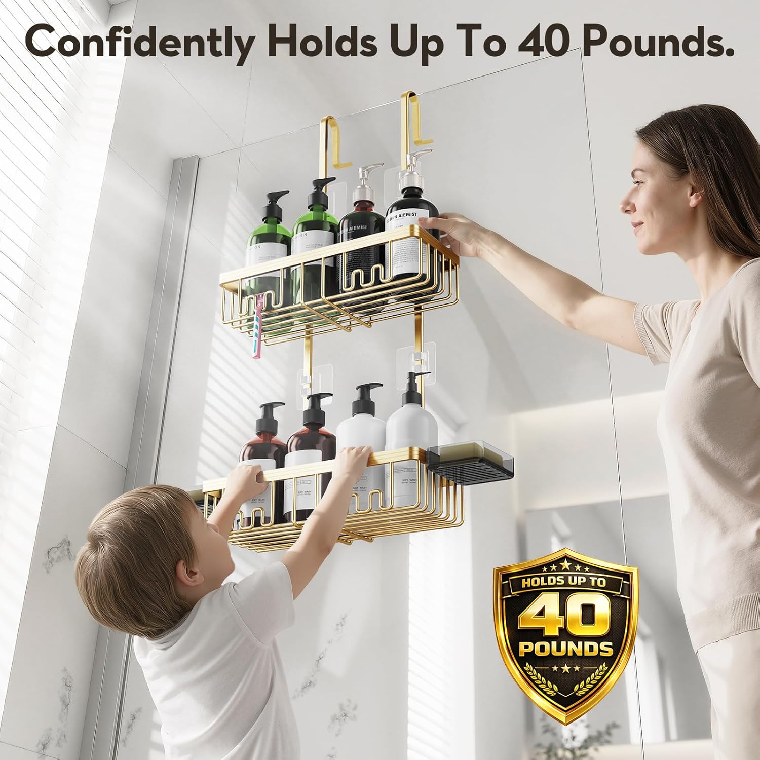 Over the Door Shower Caddy Hanging With Double Soap Holder Never Rust Hanging Shower Caddy With 4 Hooks Hanging Bathroom Organizer No Drilling Shelves for Bathroom Storage Gold