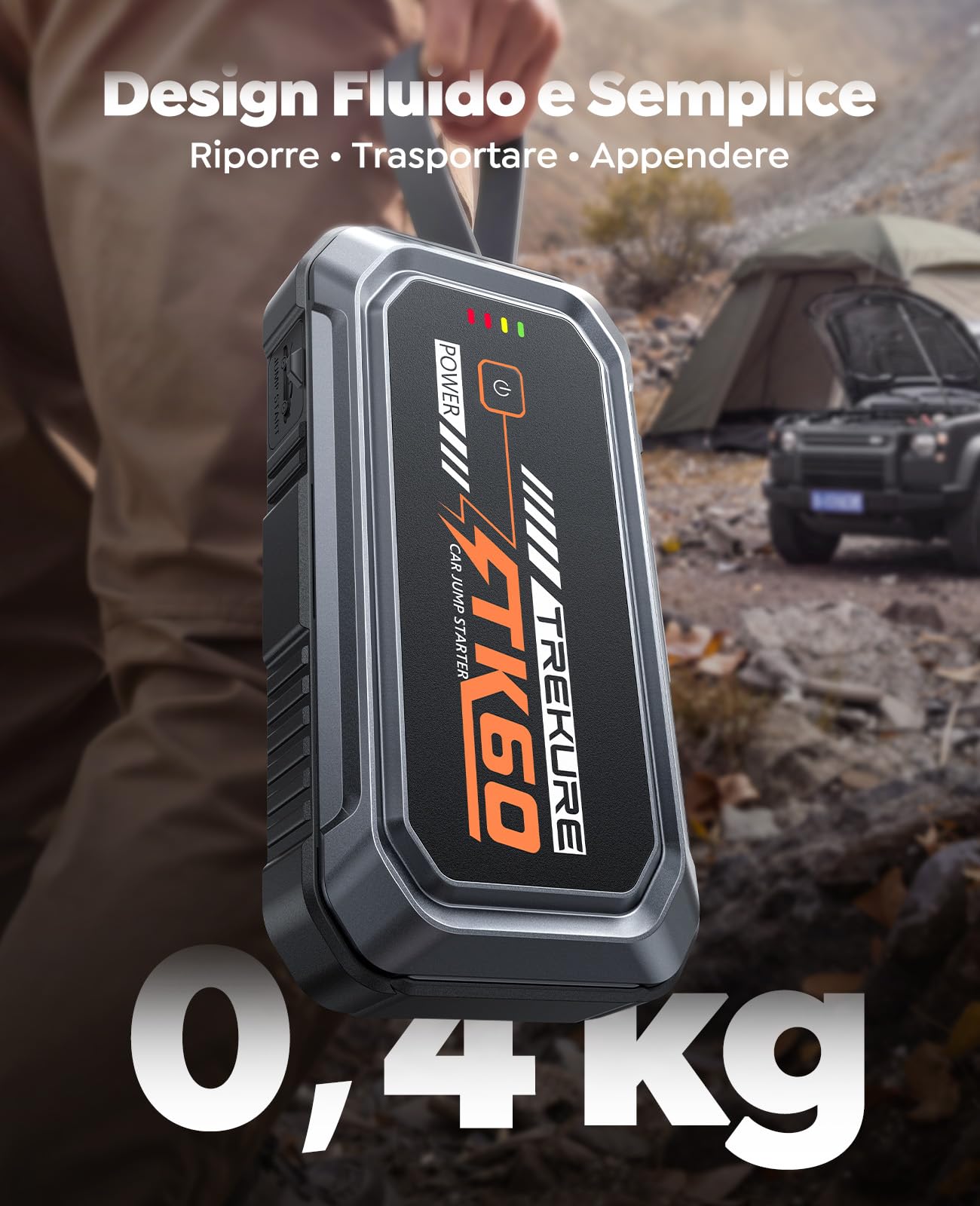 TREKURE Avviatore Batteria Auto, 8000A Avviatore di Emergenza per Auto/Moto (9.0L Benzina / 6.5L Diesel), Booster Avviamento Auto con Luce LED da 2000 Lumen (4 Modi), Morsetti Intelligenti e Cavo USB