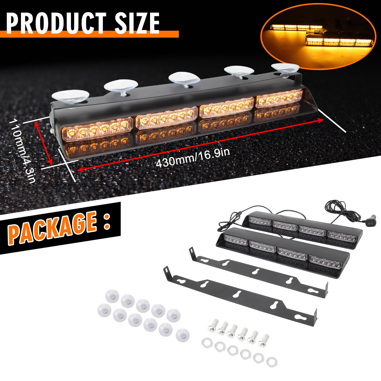 2 luces estroboscópicas LED ámbar de 16.8 pulgadas para parabrisas con ventosas, 2 en 1 LED ámbar de advertencia de tráfico, barras de luz de salpicadero, luces estroboscópicas de emergencia