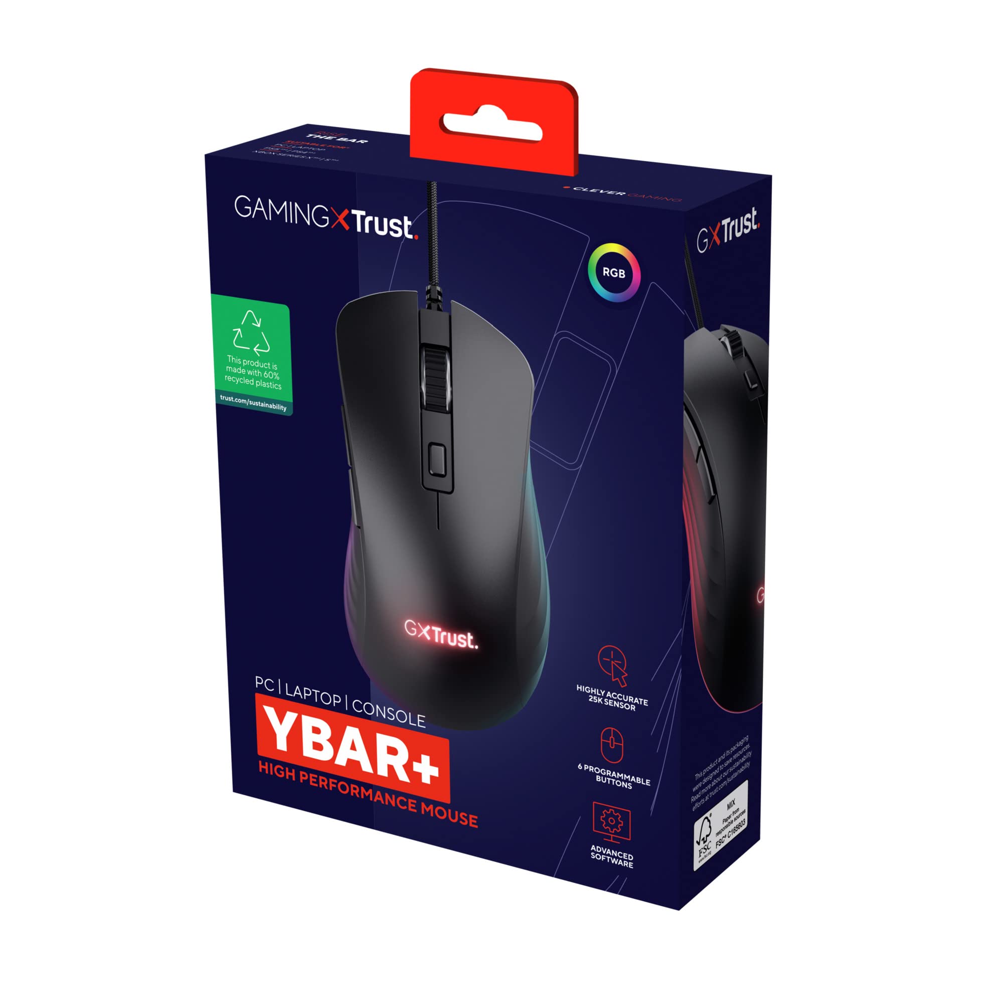 GXTrust Ybar+ Souris Gamer Haute Performance, 25600 PPP, Noir