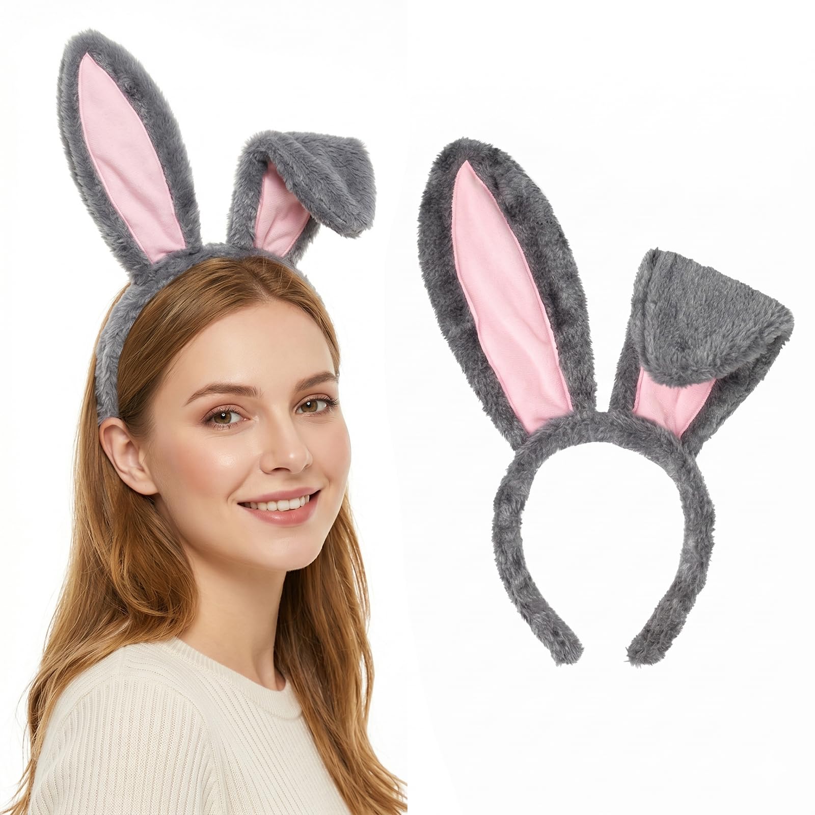 Diadema con Orejas de Conejo de Peluche Gris, Accesorio para Disfraz de Conejito para Pascua, Carnaval, Halloween y Cosplay, Suave y Ajustable para Niños y Adultos