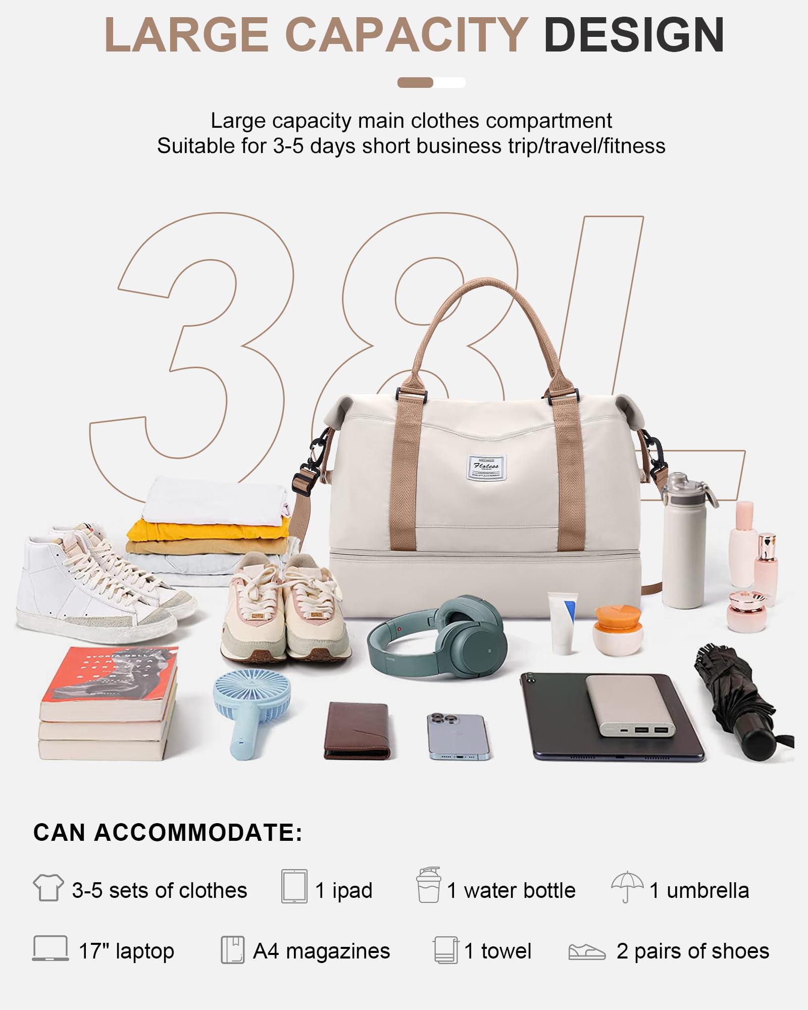 Borsone da Viaggio Donna, Bagaglio a Mano Borsa da Viaggio con Scomparto per le Scarpe, Borsa Sportiva Borsone da Palestra da Weekend,D11-Beige Marrone