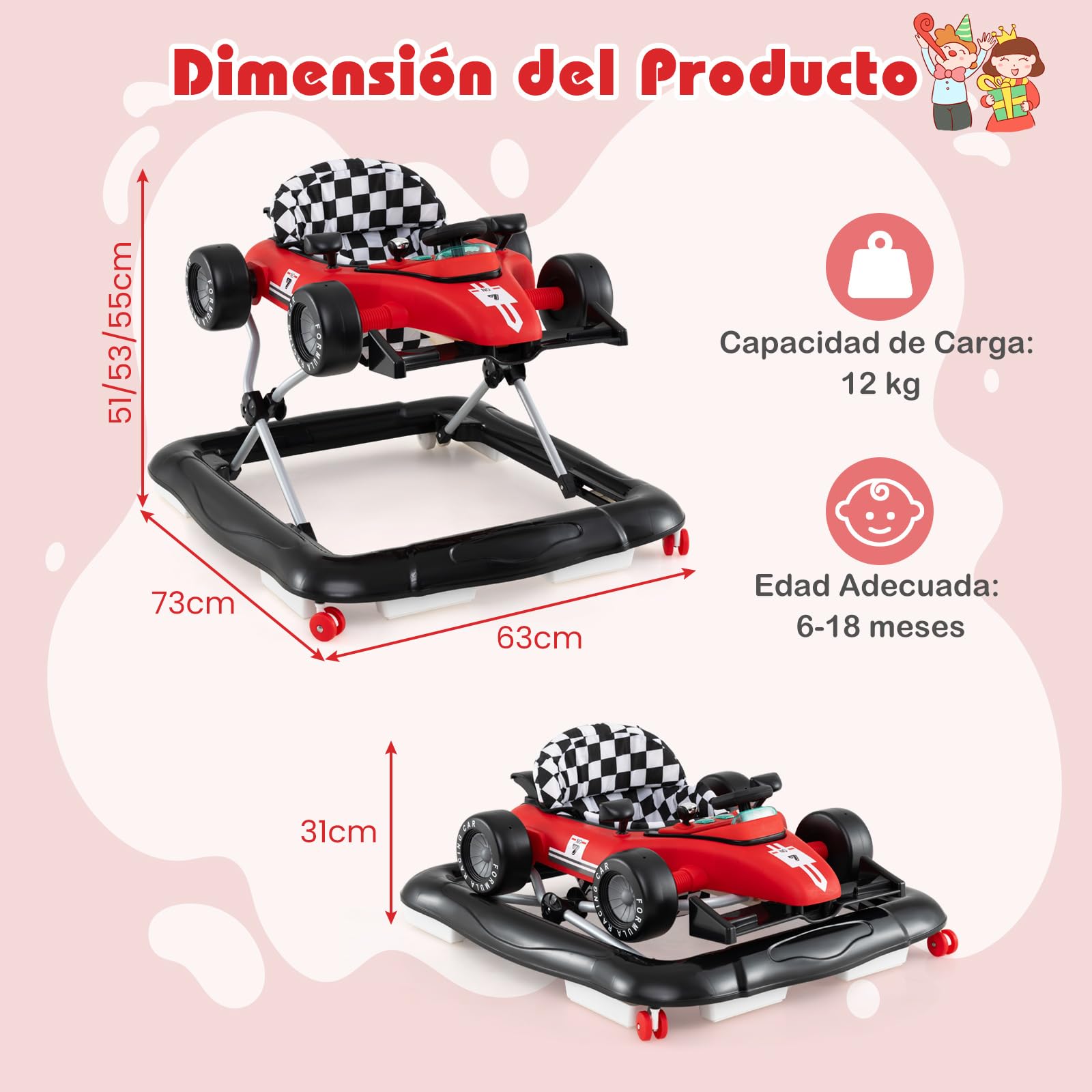 COSTWAY 4 en 1 Andador Bebes, Tacata Bebe Plegable con 3 Alturas Ajustables, Volante con Asiento Acolchado y Caja de Música, Diseño Antivuelco, Caminador para Bebe de 6-18 Meses (Rojo)