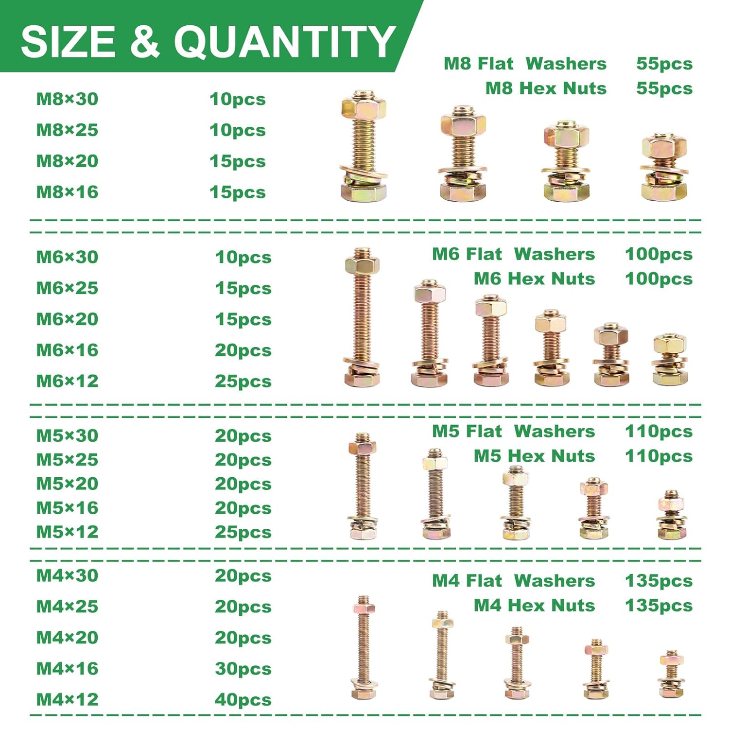 Foliv 1580pcs Metric Bolt Assortment, M4 M5 M6 M8 Nuts and Bolts Assortment Kit, Grade 8.8 Alloy Steel with Yellow Zinc Plated, Length from 12-30mm