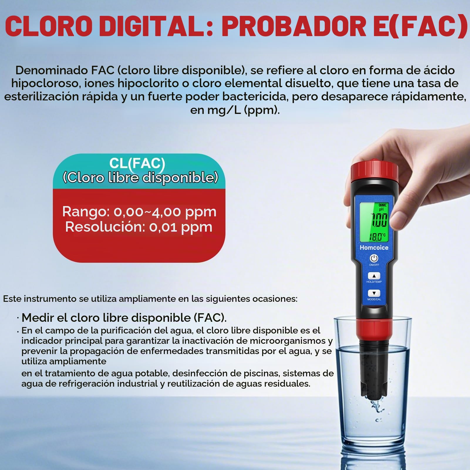 Medidor pH Chloro Piscina 7 en 1, Tester PH Cloro Salinidad ORP TDS EC Temperatura, Test Calidad Agua de alta precisión con función ATC para piscinas, agua potable, acuario, hidroponía