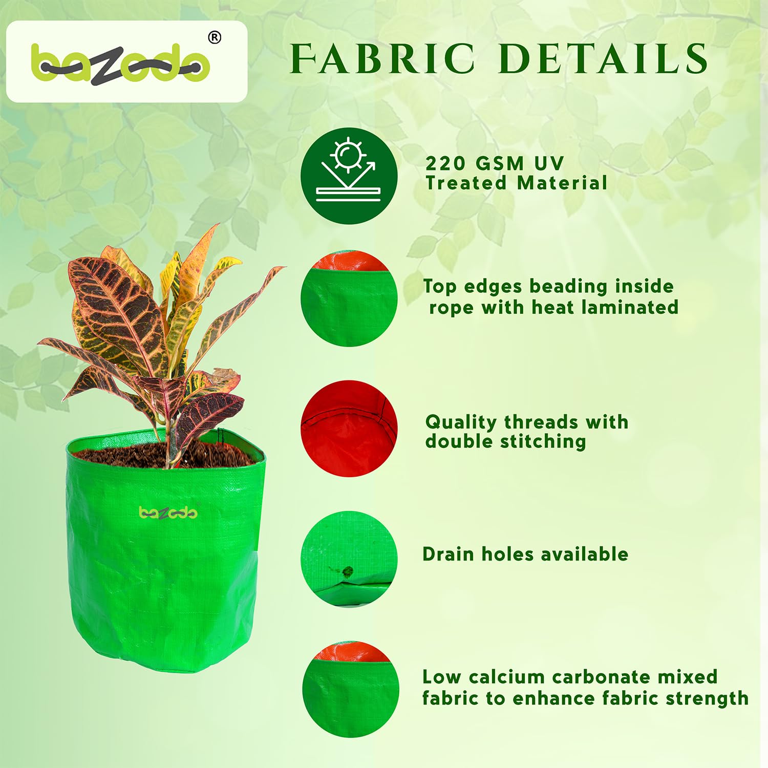 BAZODO Plant Grow Bags 15 Inch Dia X 15 Inch Height Round Grow Bags, 220 GSM Hdpe, Strong, Hdpe Fabric Leafy Fruits Growing Containers for All Vegetable Plants Pack of 5 (Green) 4