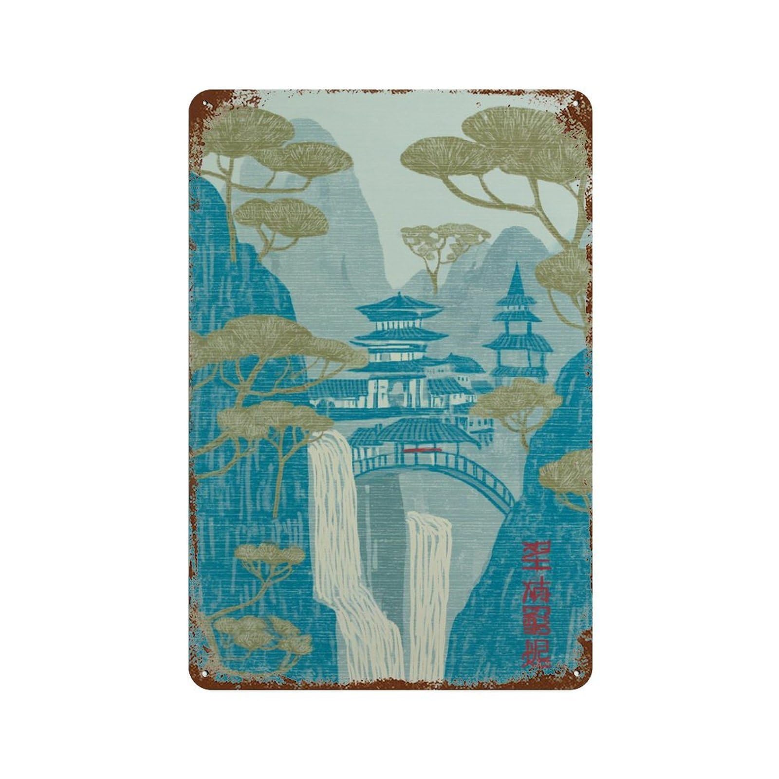 xiaoxiaoshen Blue Waterfall Asian Landscape Mountain Temple Nature Living Room Japanese Wall Decor Art Metal Tin Poster Modern Home Decor Art Home Bar Shop Decorations Vintage Sign 30x20cm