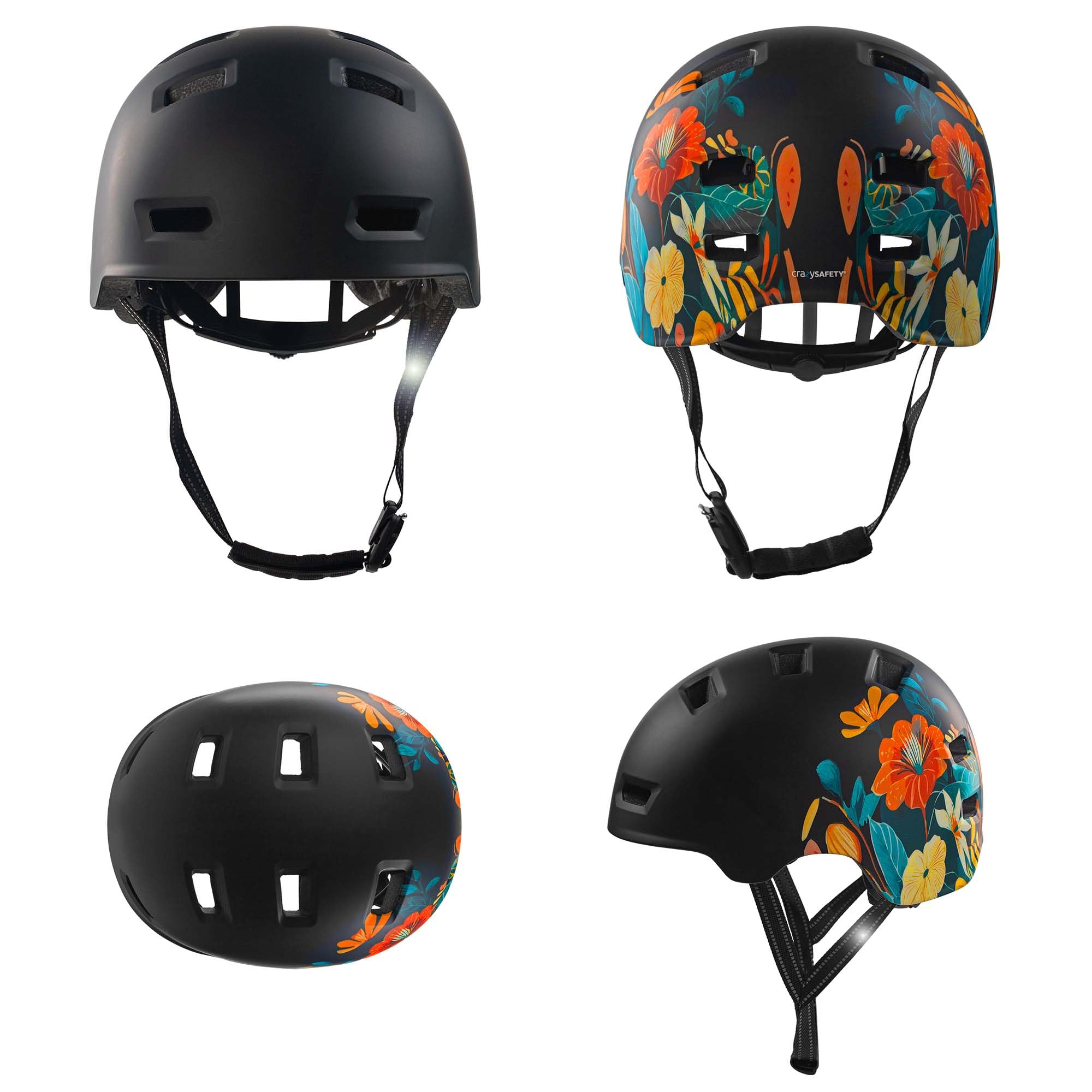 Crazy Safety Rampage Fleur Noire | Casque pour vélo, Skateboard, Rollers et BMX | Casque de vélo pour Hommes, Femmes et Enfants | M (54-57cm) | Casque Ajustable pour skateurs et Cyclistes
