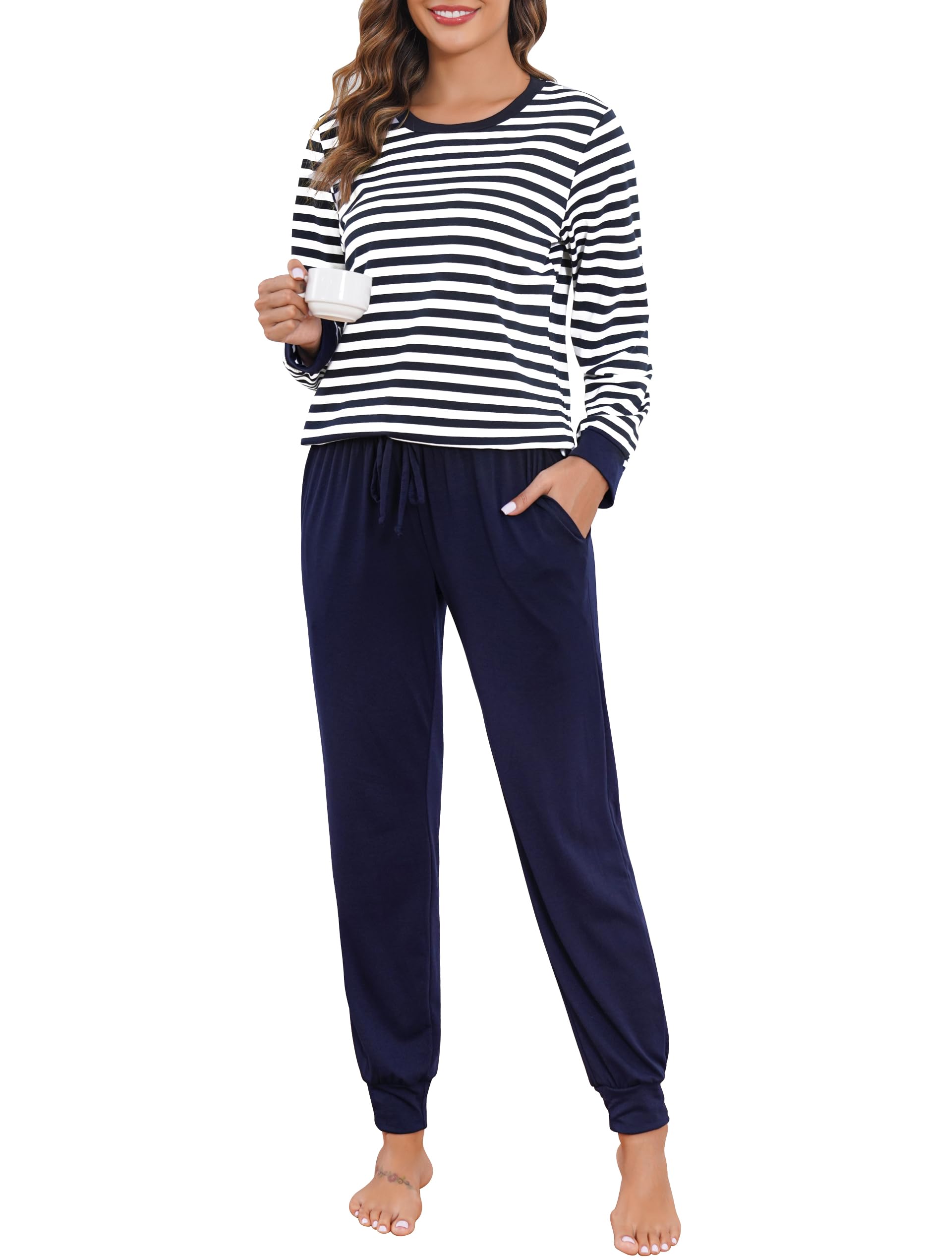 Lovasy Schlafanzug Damen Lang Baumwolle Gestreift Pyjama | Langarm Rundhals Winter Schlafanzüge für Damen mit Bündchen und Taschen