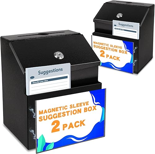Miniatura 8 de LINSIRON Caja de sugerencias magnética con funda magnética, caja de sugerencias con candado y 50 tarjetas de sugerencia gratis, caja de metal negro,