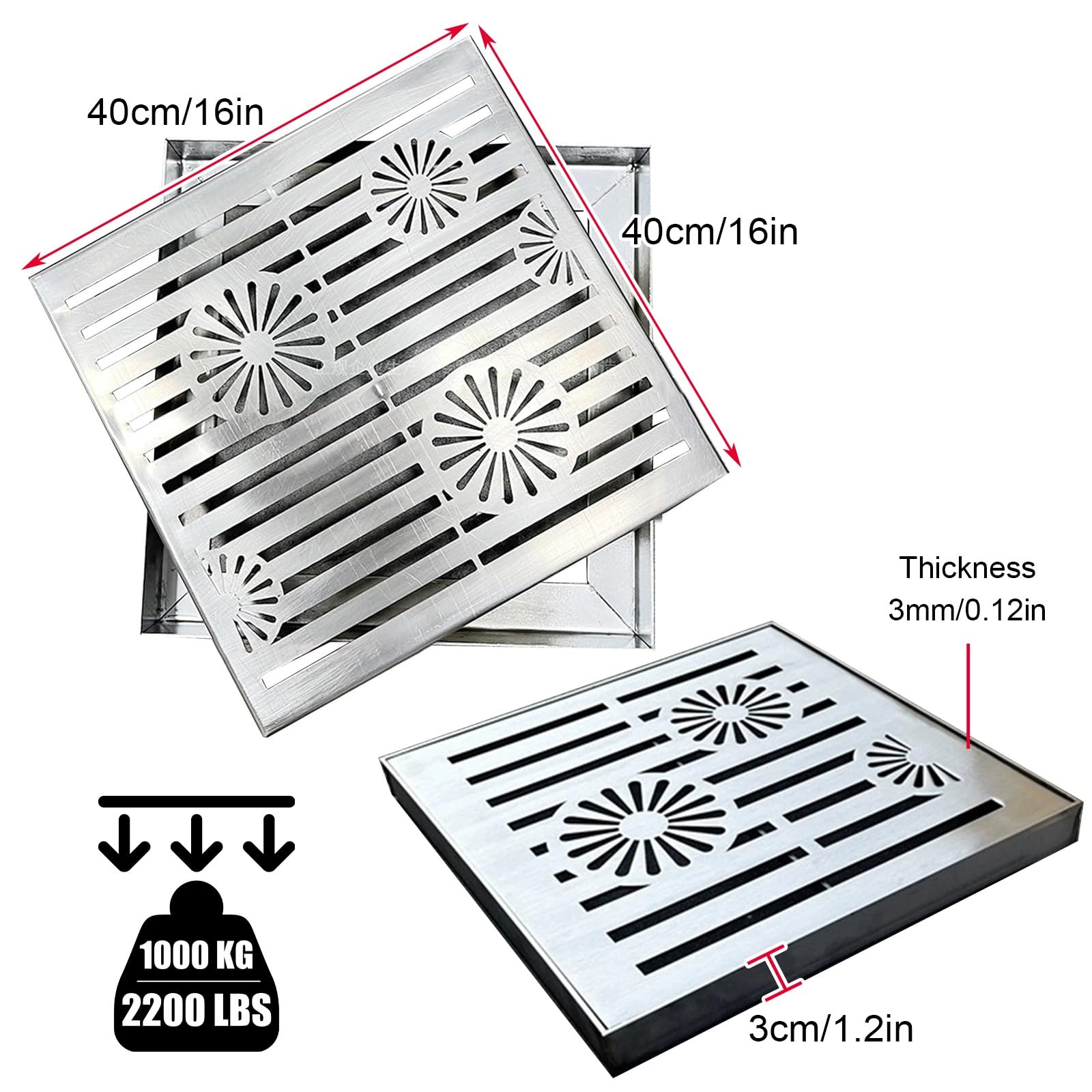 Chiusino Pozzetto a Canale Quadrato in Acciaio Inox, Pozzetto Giardino per Cortile, Garage, Fattoria, Patio, Marciapiede, Chiusino da 20x20 cm a 60x60 cm(40x40x3cm/16x16x1.2in)