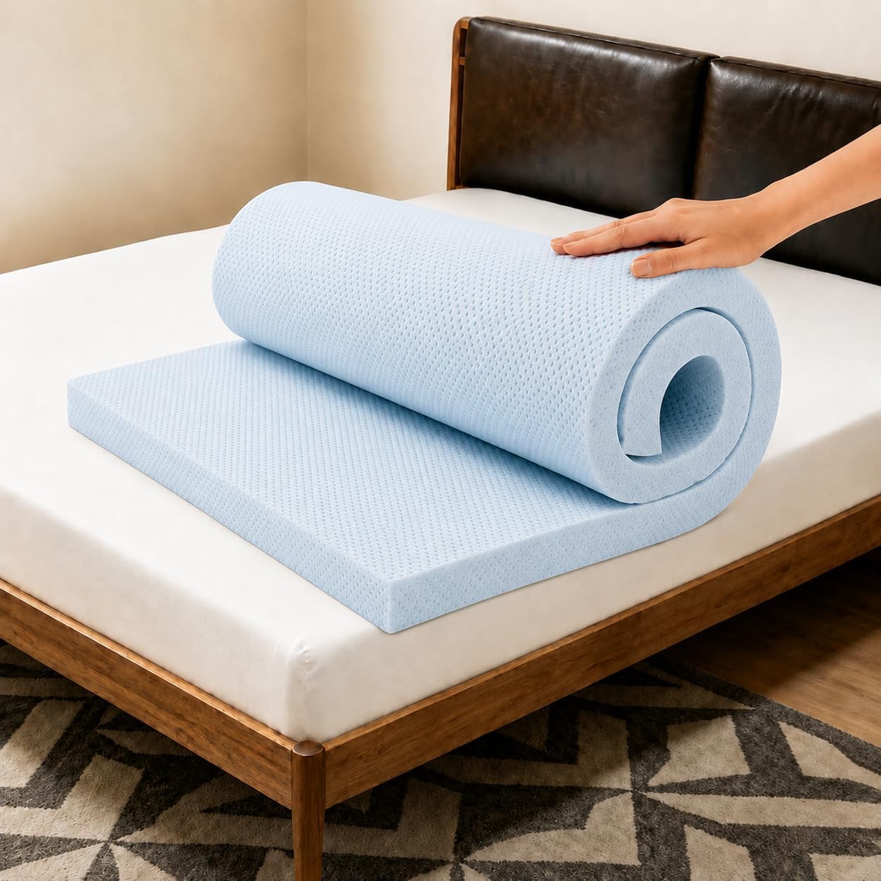 OhGeni 2 Inch Queen Memory Foam Mattress Topper Pad with Cover, Soft Bed Cover with Anti-Slip Base, Enhanced with Cooling Gel,Premium Comfort for Sleep & Back Pain Relief, with 1000 pcs air Holes