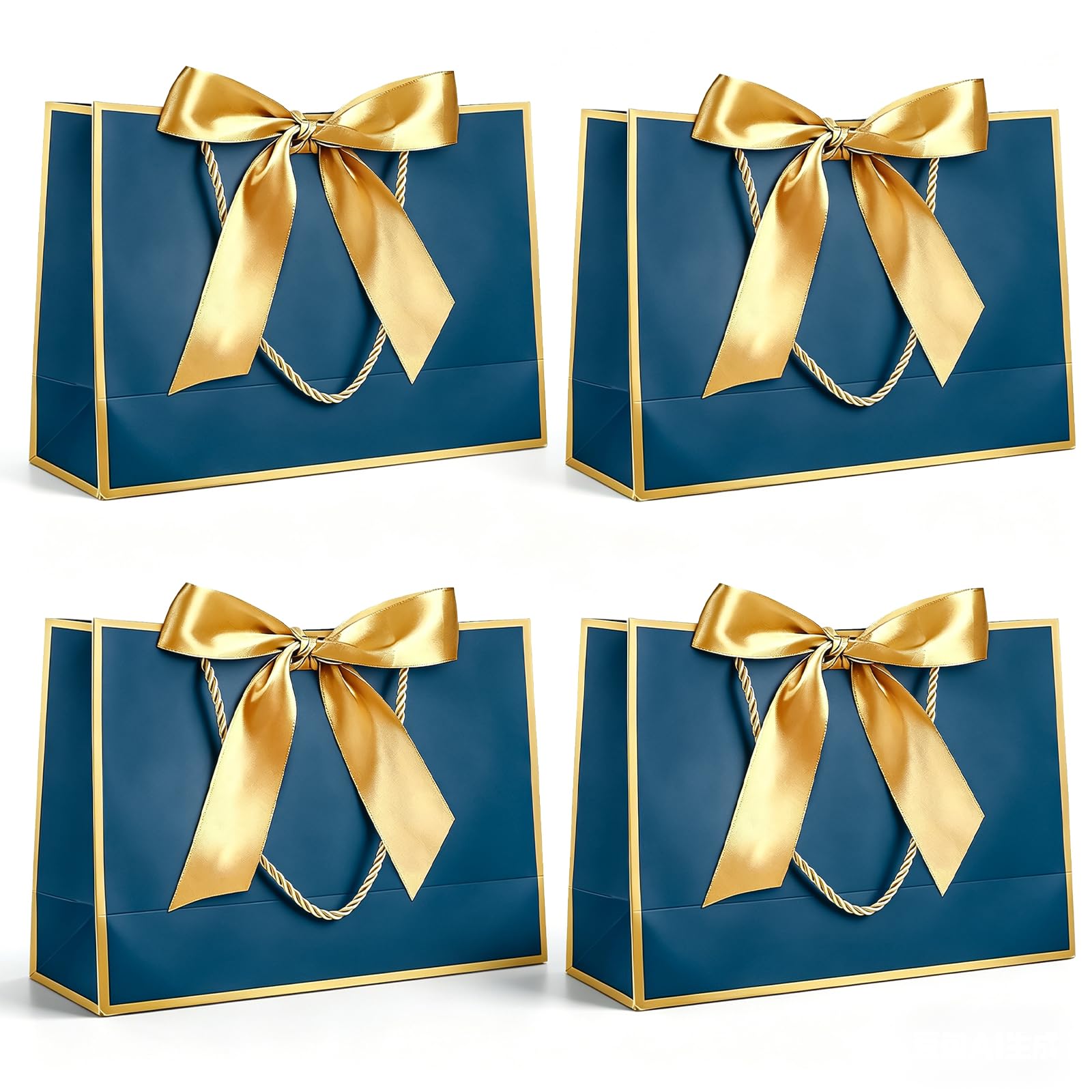 Yiran 4Pcs Medium Navy Blue Gold Gift Bag with Greeting Handles and Ribbon for Girls Boys Men Womne Wedding Party Birthday Christmas Valentines Wrapping Bag Decorations Supplies