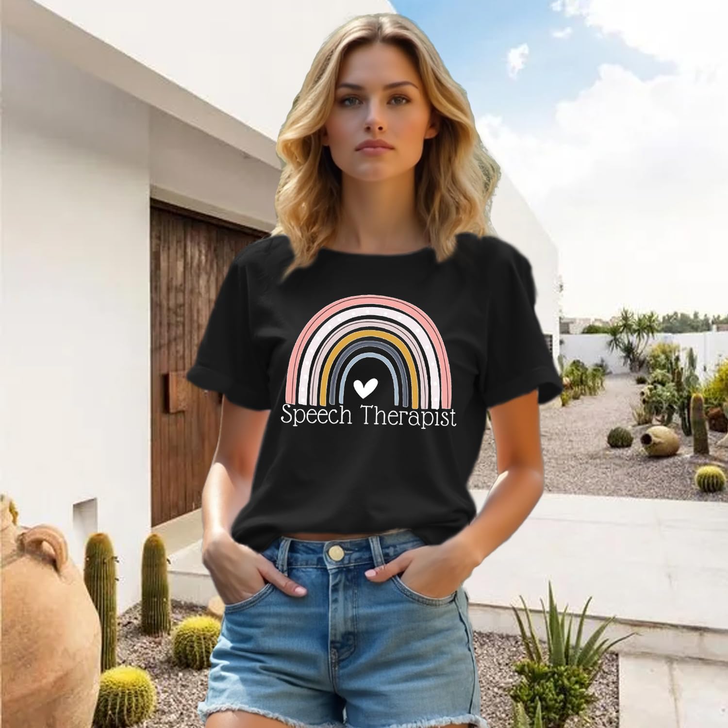 Womens Speech Therapy Shirt Speech Therapist Rainbow T-Shirts Language Pathologist Tee Tops - Image 3