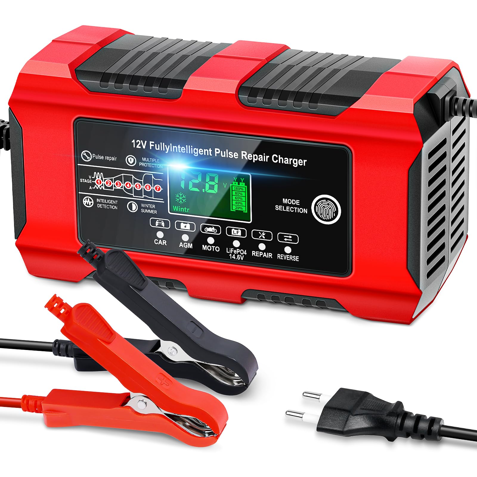 YDBAO Autobatterie Ladegerät 10A 12V Smart Vollautomatische KFZ Batterieladegerät Mit LCD Bildschirm Temperaturkompensation Reparaturmodus Ladegerät für Auto Motorrad Kleintransporter Boot