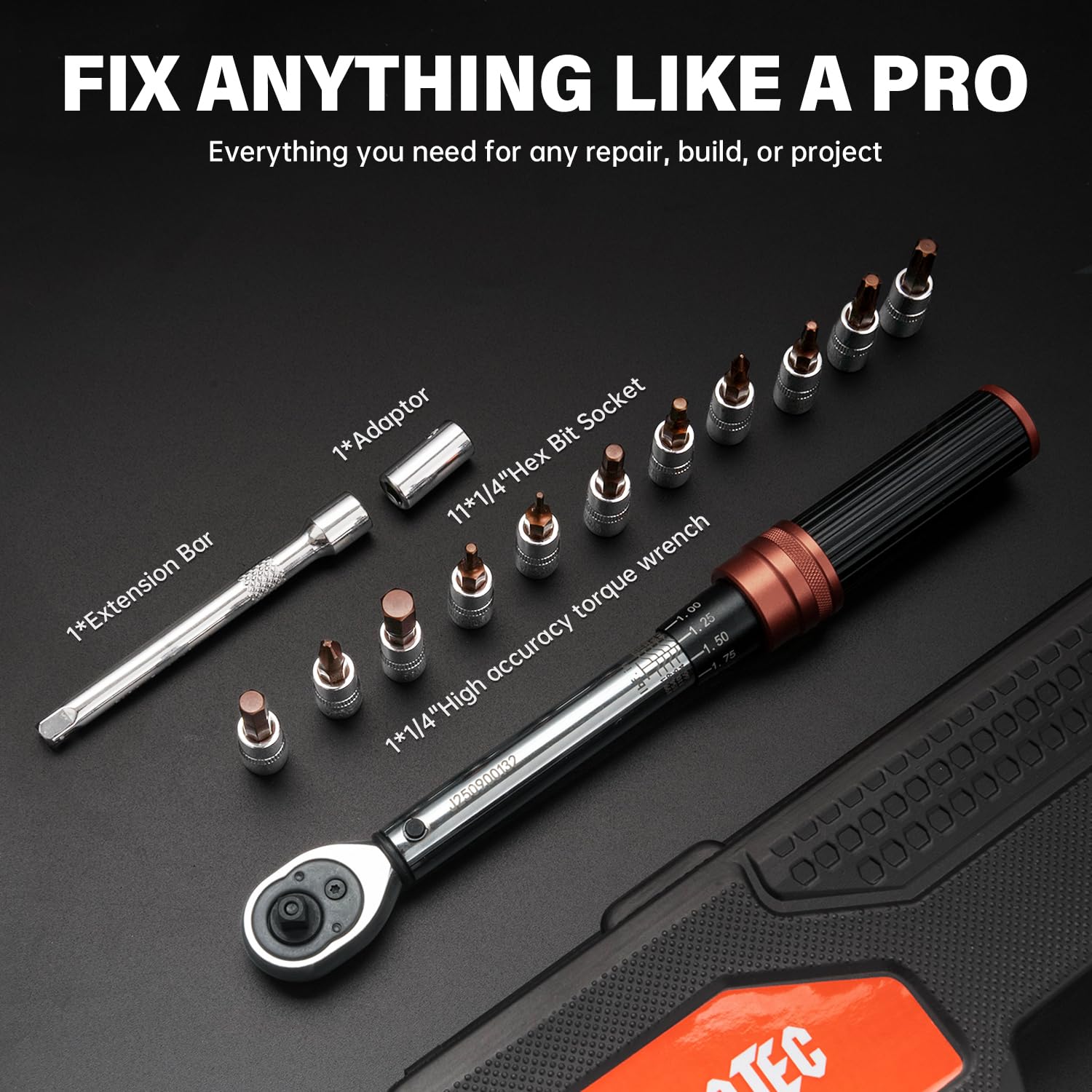 Set di 14 chiavi dinamometriche a scatto da 1-1/4", 5-25 Nm ±3%, kit master con 11 punte CR-V (H2-H8/T20-T40/PH1-PH2), estensione da 4" e adattatore, testa a 72 denti per riparazione