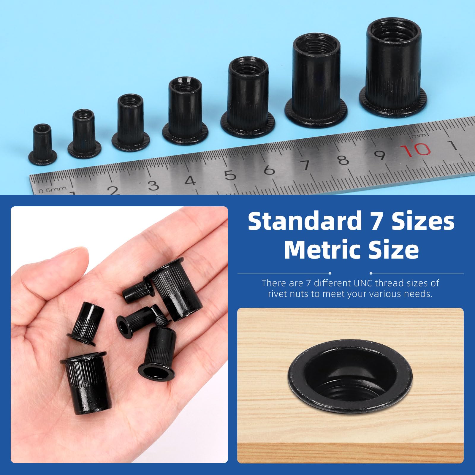 Glarks M3 Écrou à rivets en acier au carbone galvanisé noir tête plate 100 pièces