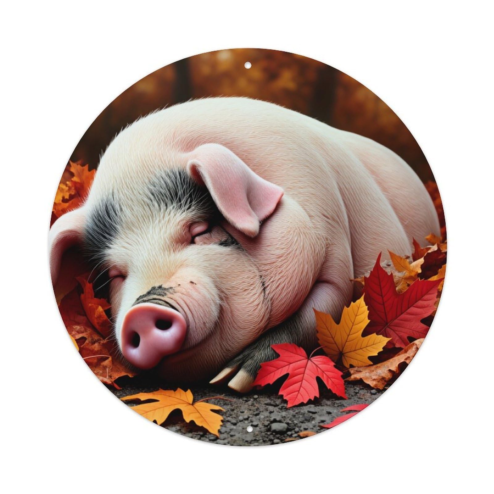 Pig Autumn Leaves Resting Peacefully Round Tin Sign Retro Metal Sign for Cafe Bar Pub Home Game Room Gym Club Wall Decoration Vintage Metal Poster 8x8 Inch