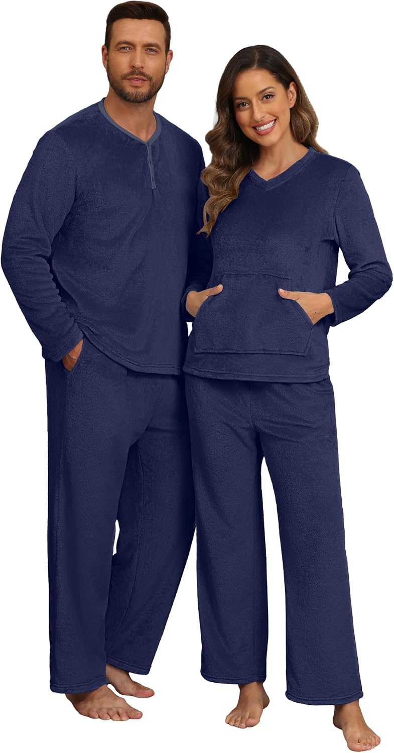 PrinStory Couples Matching Fleece Pajama Set for Women & Men Warm Sleepwear