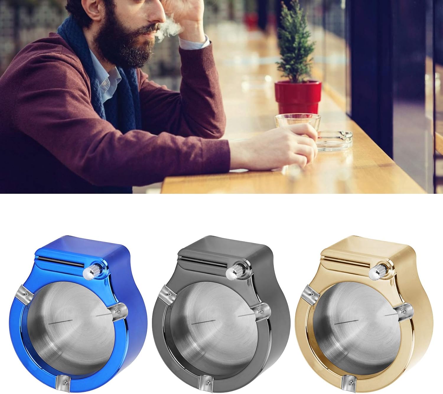 Stainless Steel Ashtray, 4.4x3.9x1.9 in, Refillable Kerosene Lighter Cigar Ashtray, Brushed Metal Finish for Home and Office (Blue Ice)