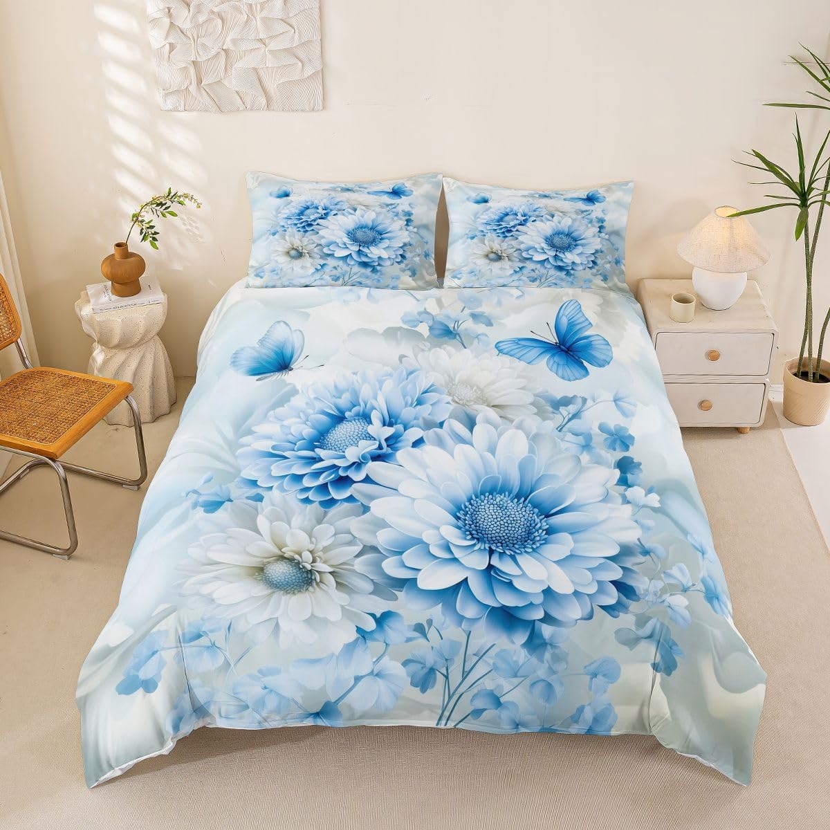Manfei Blue Floral Duvet Cover Set,1 Pillowcases 2Pcs Twin
