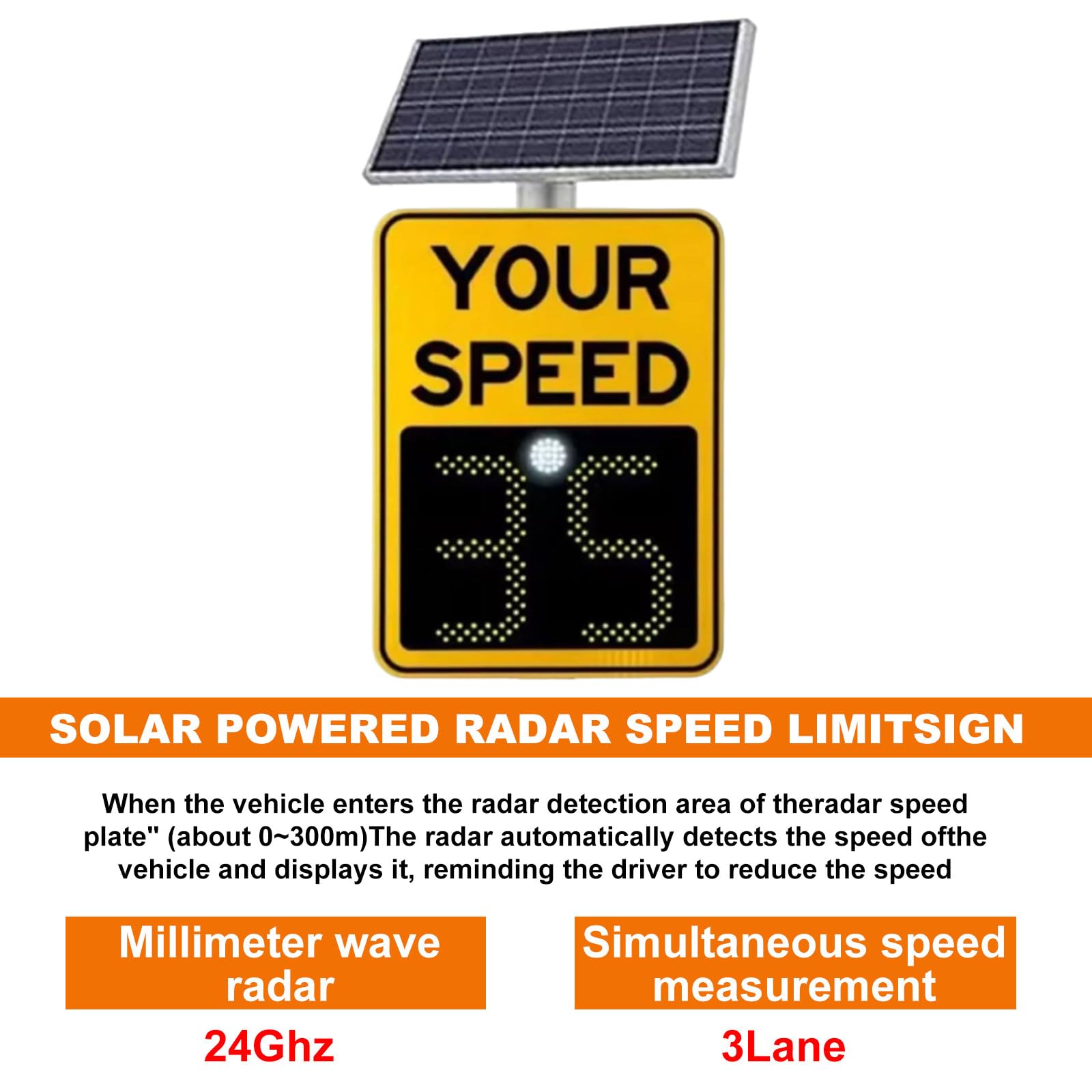 Señal de límite de velocidad alimentada por energía solar, pantalla LED de radar, señal de control de tráfico digital para seguridad en carretera, hecha de aleación de aluminio, 60 x 90 cm