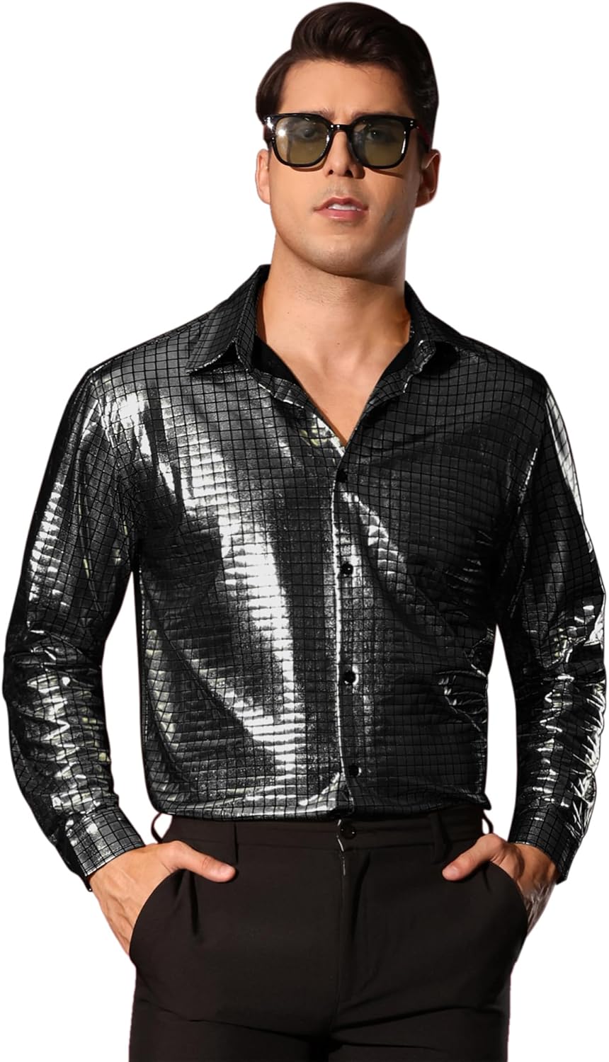 Lars Amadeus Metallic Shirt for Men's Long Sleeves Button Down Shiny Nightclub Party 70s Disco Shirts