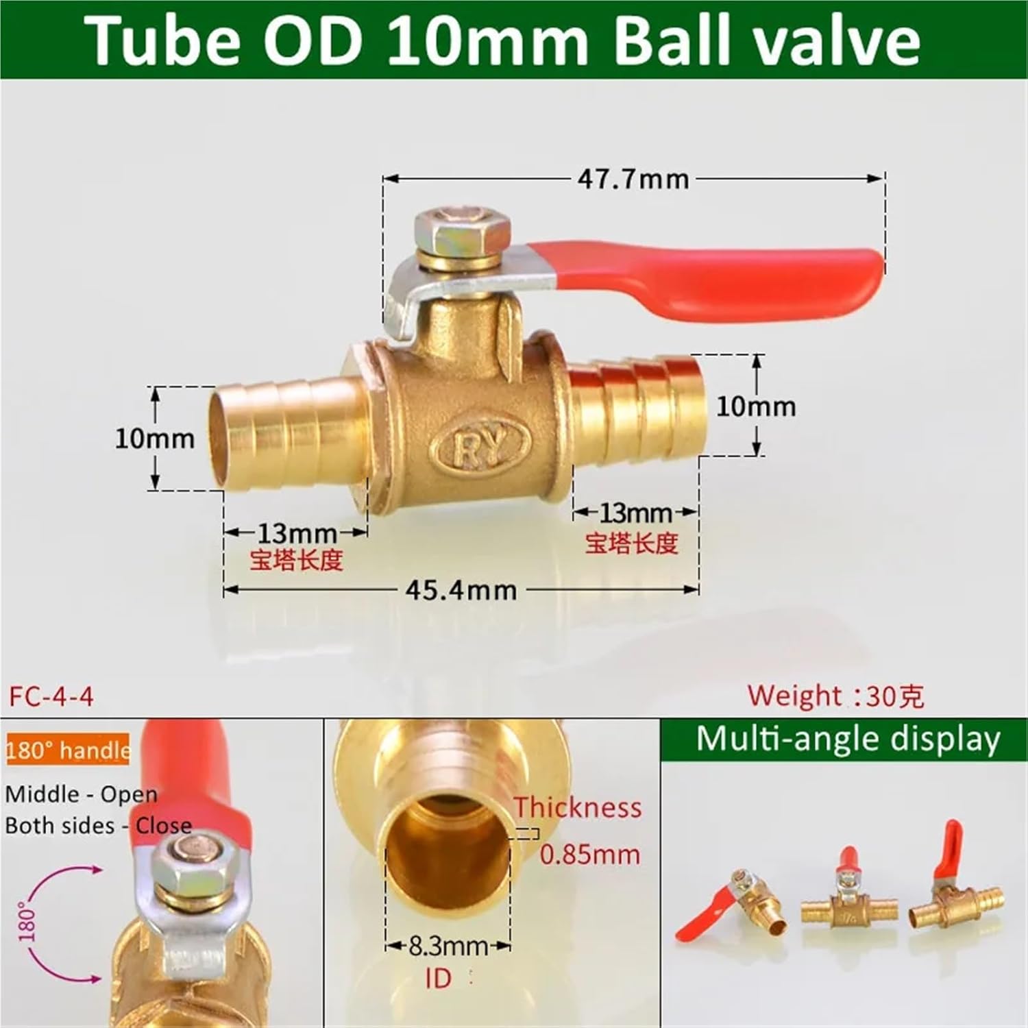 Red Handle Small Valve 6-14mm Hose Barb Inline Brass Water Oil Air Gas Fuel Line Ball Valve Pipe Fittings 1Pcs(OD10MM,1PCS)