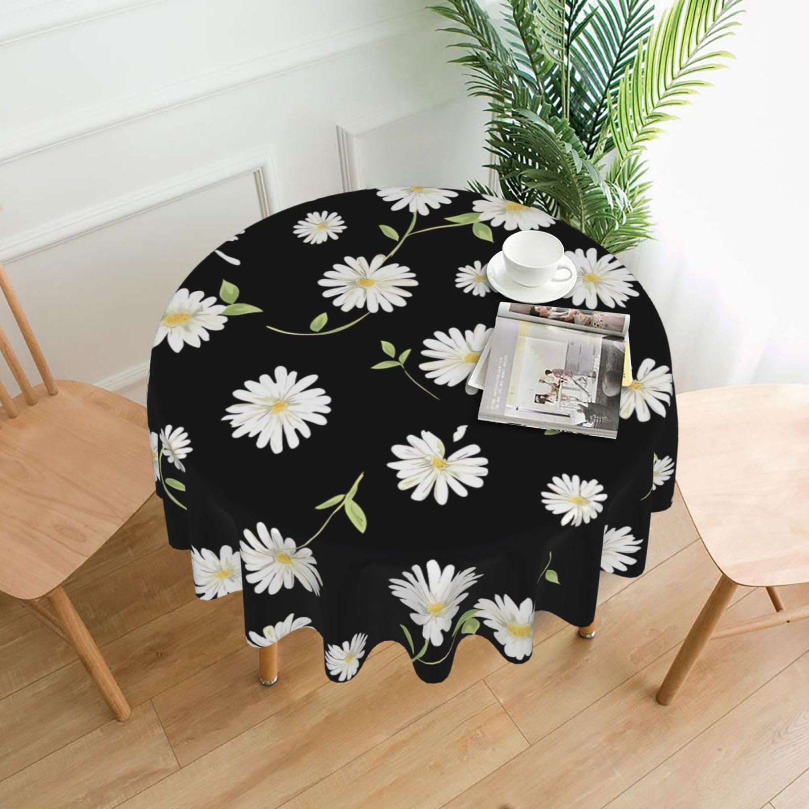 WHJSHOP daisy Prints Round Table Throw 60 Inch – Waterproof Table Cover for Dining, Coffee Tables, Parties & More - Soft, Wrinkle-Resistant Table Layer
