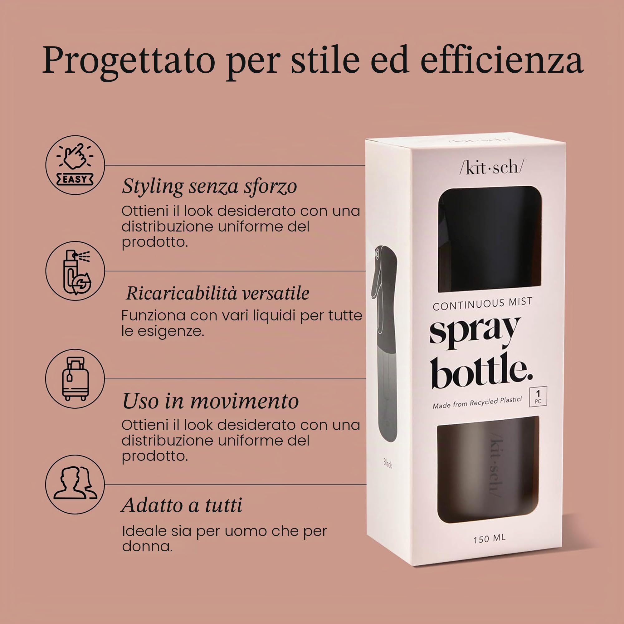 Kitsch Flacone spray continuo per capelli – Nebulizzatore d'acqua a nebbia fine – Flacone spray per capelli riciclato – Flaconi spray per pulizia, styling, piante e altro – Nero, 150 ml