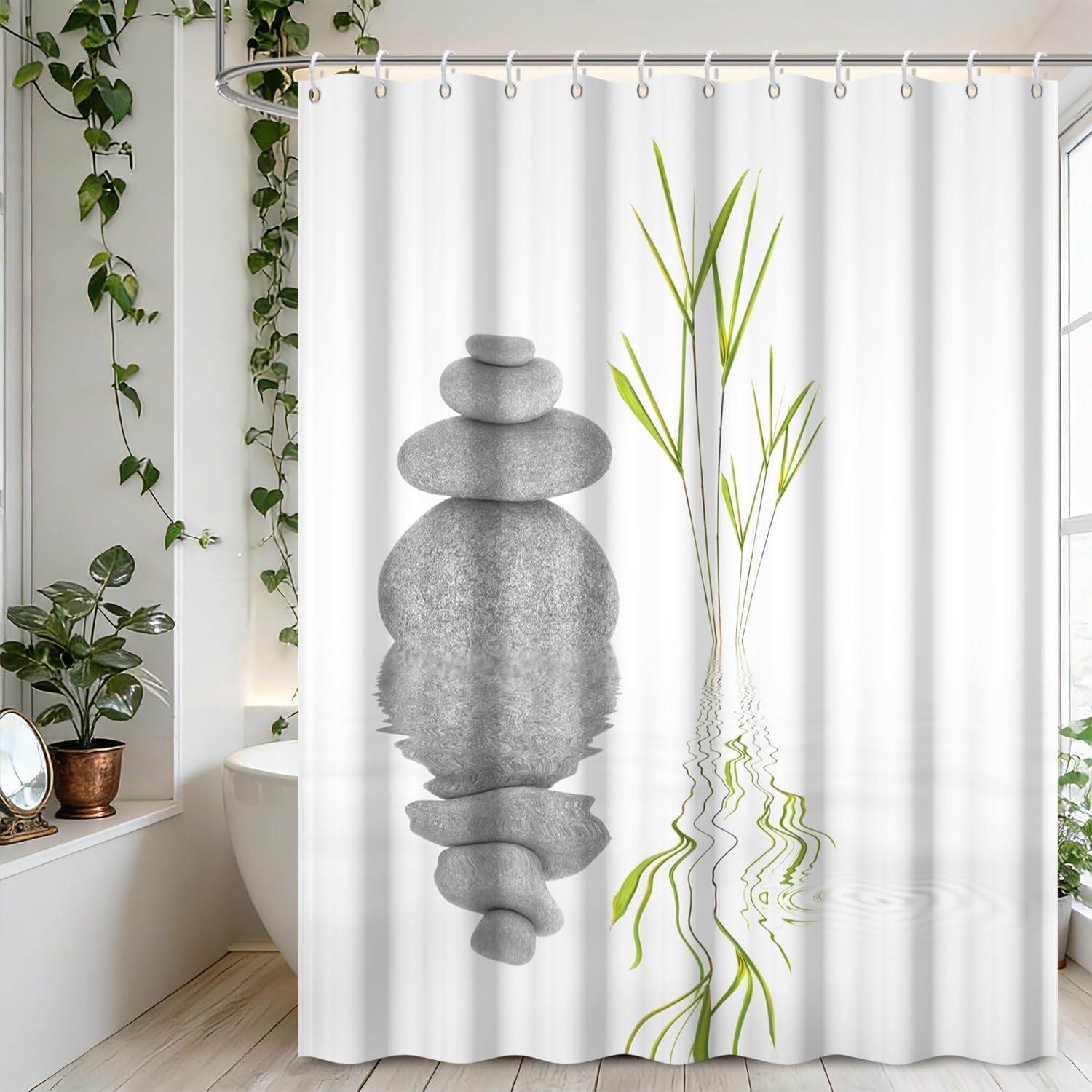 OERJU Zen Shower Curtain Spa Shower Curtain Zen Stone Meditation Bathroom Curtains Set Waterproof Cloth Fabric with Hooks Restroom Bath Bathtub Home Decor Accessories 72x72 inch