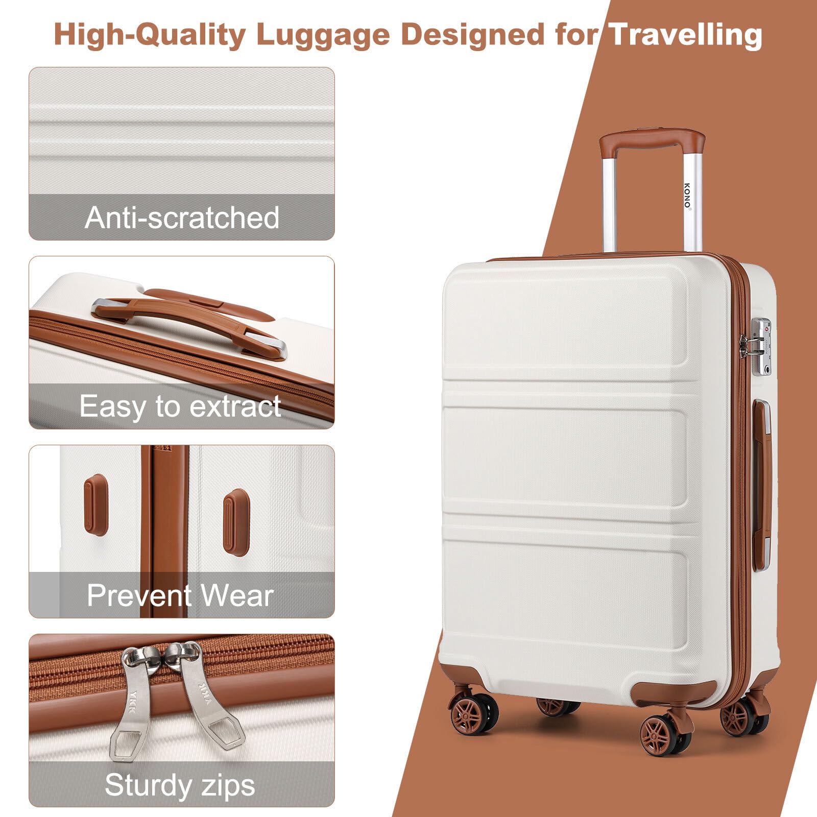 KONO Koffer & Trolleys Mittelgroß 24 Zoll Leicht ABS+PC Hartschalenkoffer mit TSA-Schloss Reisekoffer mit 4 Rollen Rollkoffer 65×44×25.5cm, Cremeweiß