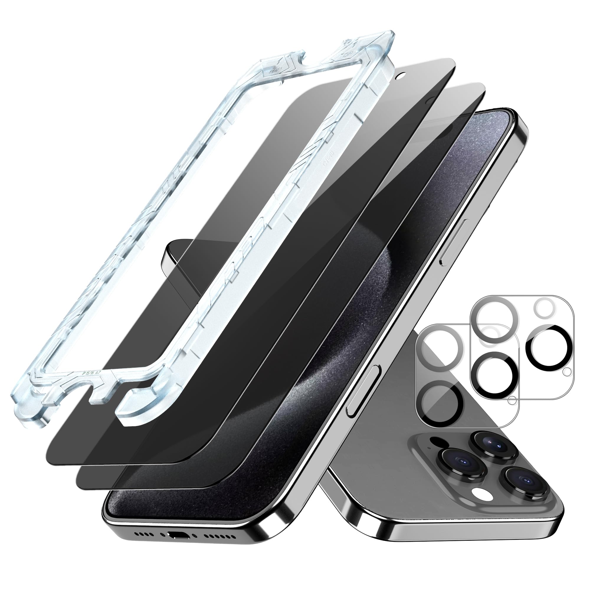 RojeuinnPrivacy Screen for iPhone 16 Pro Max, Pack of 2 Anti-Spying Tempered Glass Screen Protector + 2 Camera Protection Tempered Glass, with Automatic Dust Removal, Installation Tool, 9H, No