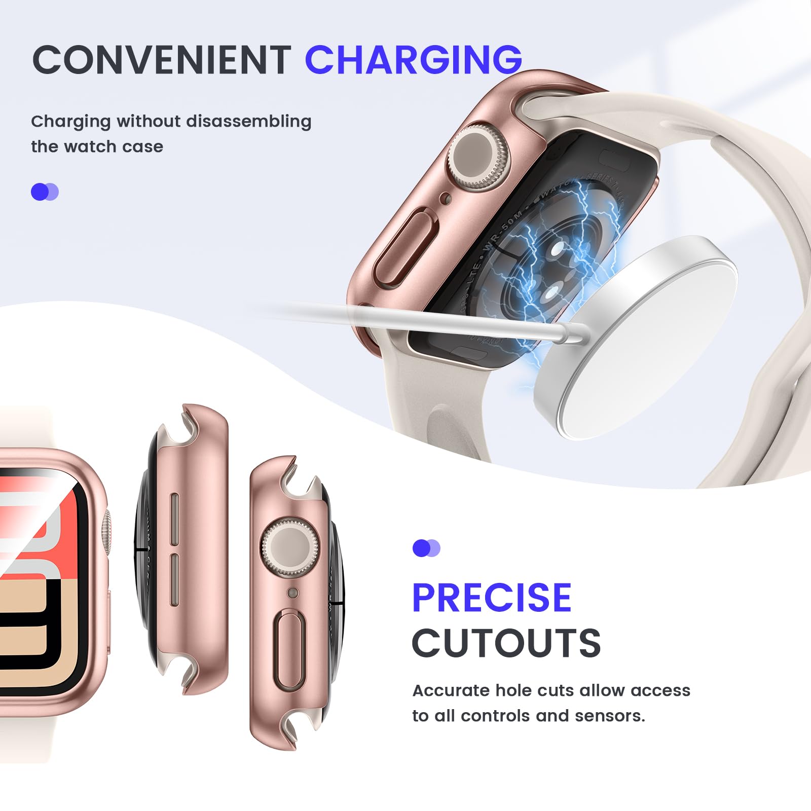 Kamita Wodoodporne etui do Apple Watch Series SE 3/SE 2/SE/6/5/4 44mm, twarde etui PC Bumper z wbudowaną folią ochronną ekranu ze szkła hartowanego, pełne pokrycie ochronne do iWatch 44 (różowe złoto)