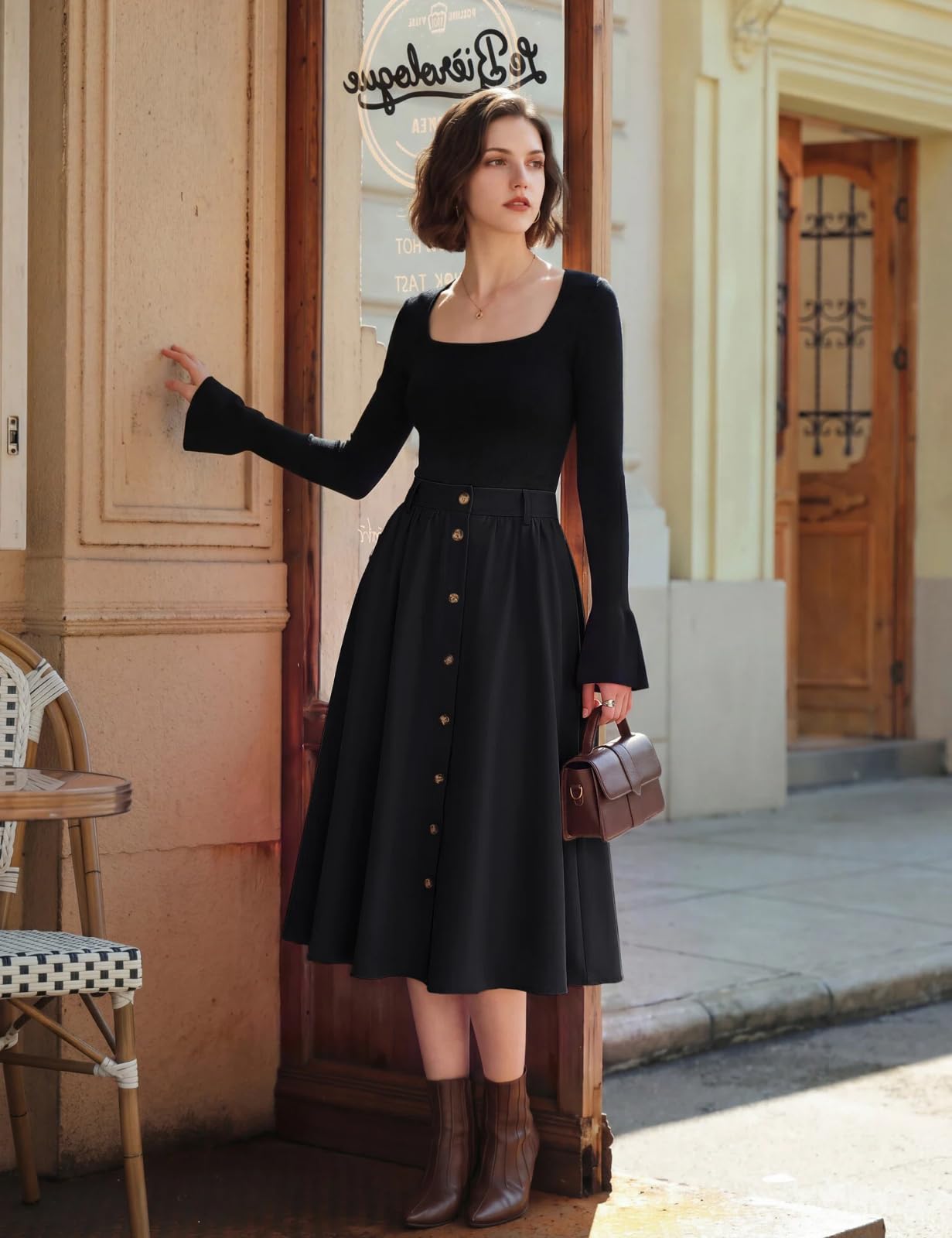 Belle Poque Klassisch Lässig Rock Damen A‑Linie Midi‑Rock elastischer Bund | Taschen und Knopfverschluss, leicht elastischer, klassisch lässiger Midi‑Rock