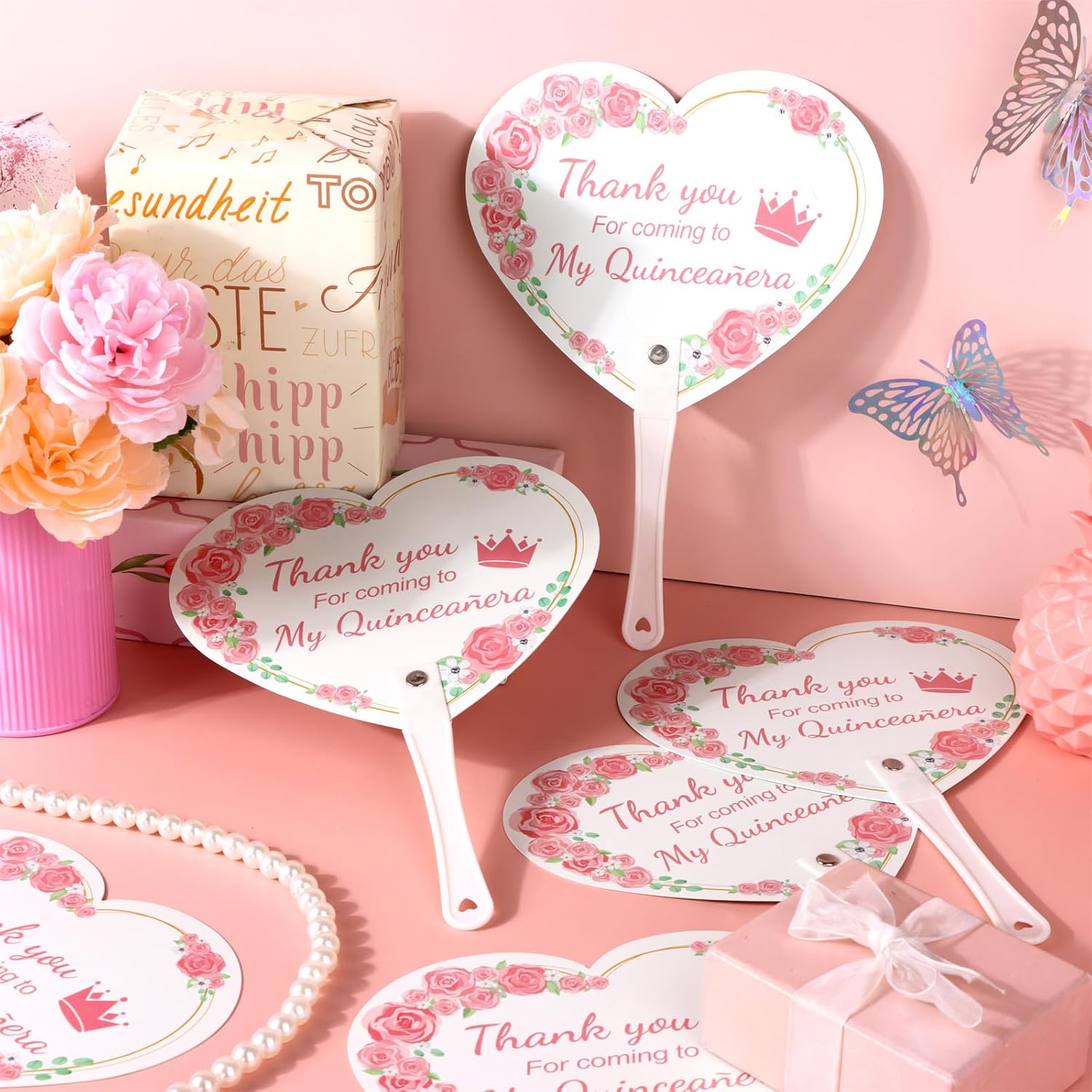 50 Pcs Brithday Fans Quinceanera Party Gift Hand Plastic Fan Quinceanera Party Favors for Guests Pink Heart Shaped Handheld Fans Thank You for Coming to My Quinceañera Recuerdos De 15 Quinceañera