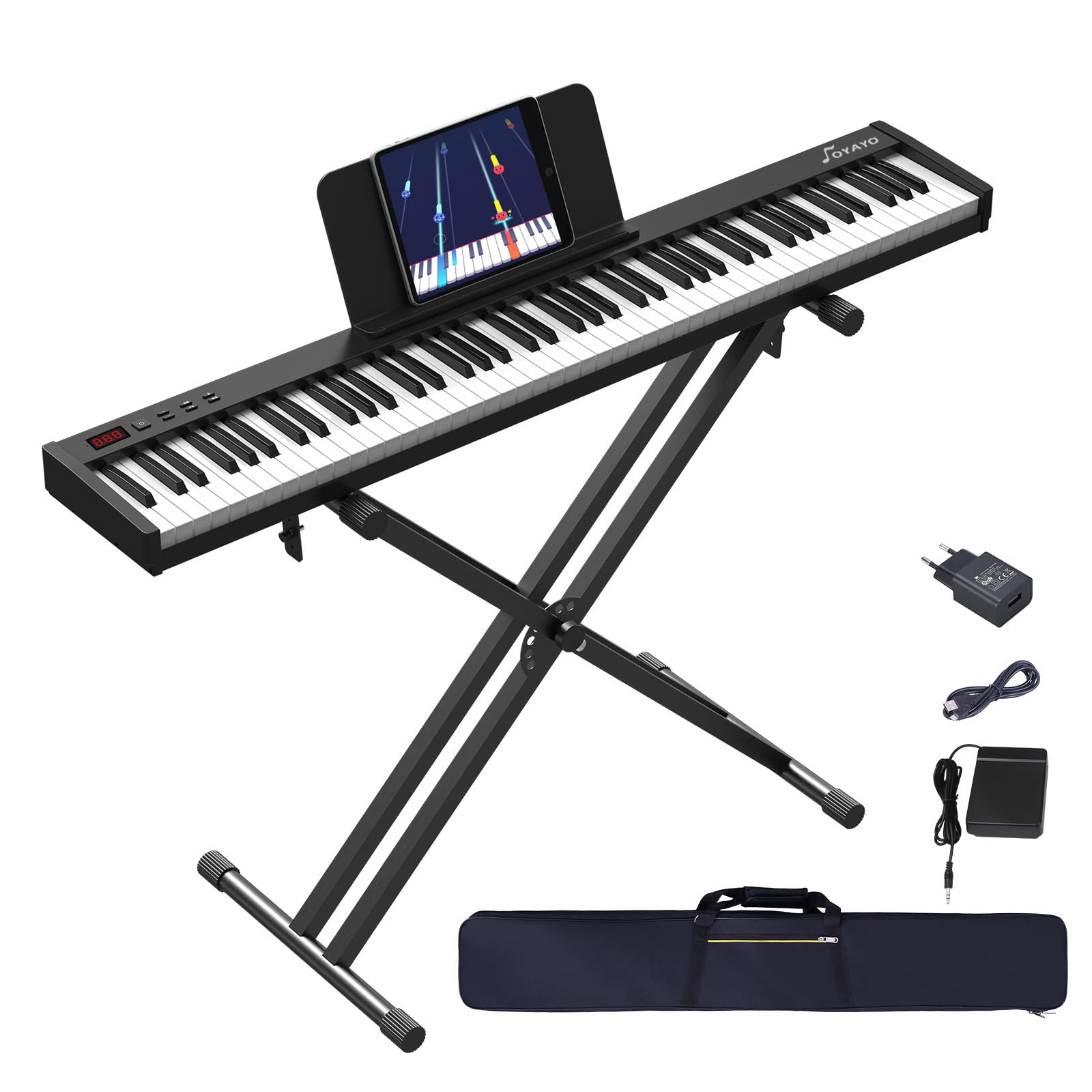E-Piano 88 Tasten für Einsteiger Halbgewichtetes Volle Größe Klavier, Tragbare Digital Piano mit Doppel-X-Ständer, Süstain-Pedal & Reisentasche E Piano für Zu Hause üben Geschenk