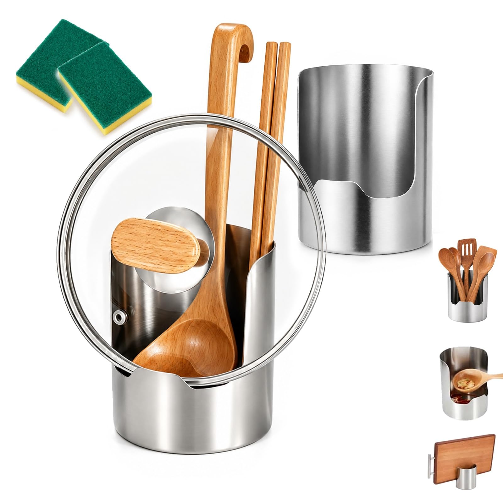 ZQMVXR Multi-Functional Kitchen Utensil Holder, Stainless Steel Pot Lid Organizer And Spoon Rest, Vertical Ladle Spatula Storage Rack For Countertop(2pcs)