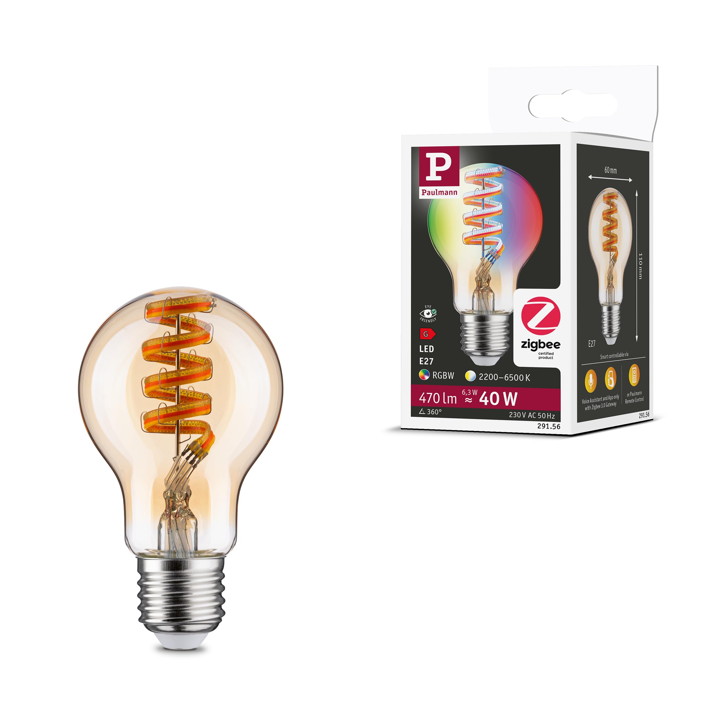 Paulmann 29156 Filament 230V Smart Home Zigbee LED Bulb E27 470lm 6.3W RGBW+ dimmable Gold lamp